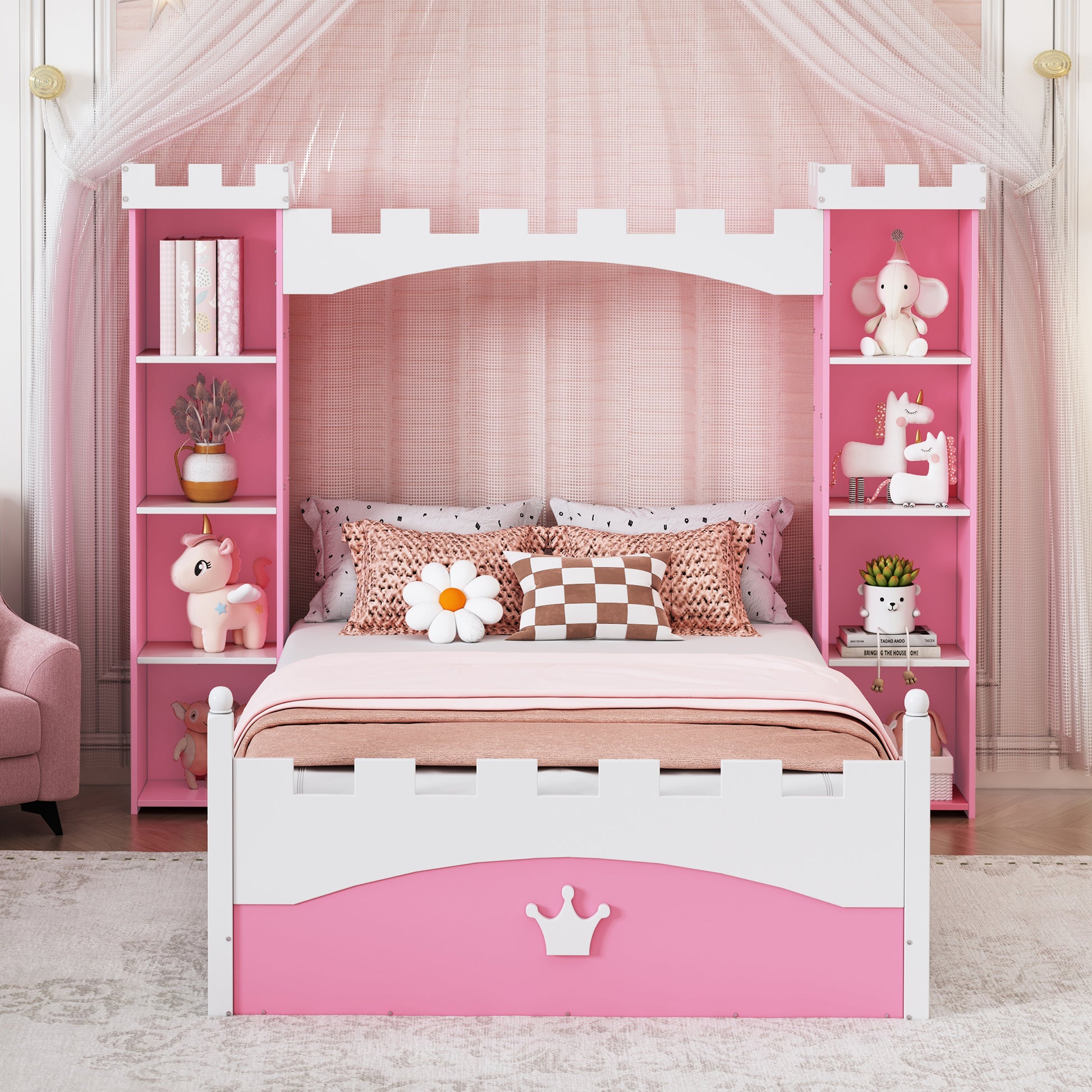 Castle Shaped Wooden Bed With Storage Shelf, Dreamy Twin Size Platform Bed For Kids Bedroom, Pink White Expected Arrival Time:8.14 Twin Pink White Wood