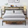 Queen Bed Frame With Storage, Platform Bed Queen Size With Led Lights And Charging Station, Dark Gray Velvet Headboard With Bookcase Shelves, No Box Spring Needed, Noise Free Box Spring Not Required