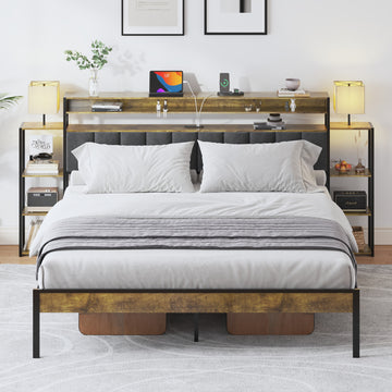 Queen Bed Frame With Storage, Platform Bed Queen Size With Led Lights And Charging Station, Dark Gray Velvet Headboard With Bookcase Shelves, No Box Spring Needed, Noise Free Box Spring Not Required