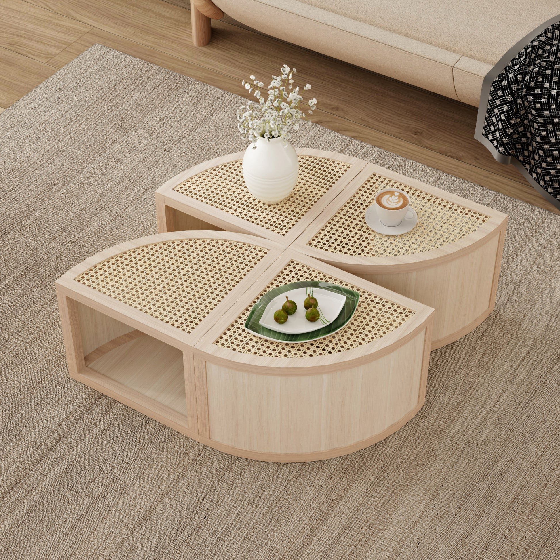 Round To Square Block Modular Coffee Table Light Natural Rattan With Storage 4 Piece Light Natural Rubber Wood