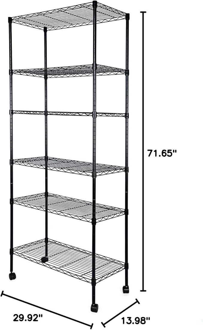 6 Tier Shelving Units, 29.92'' W X 13.98'' D X 71.65'' H Adjustable Wire Shelving With Hanging Hooks And Wheels, Black Black Steel