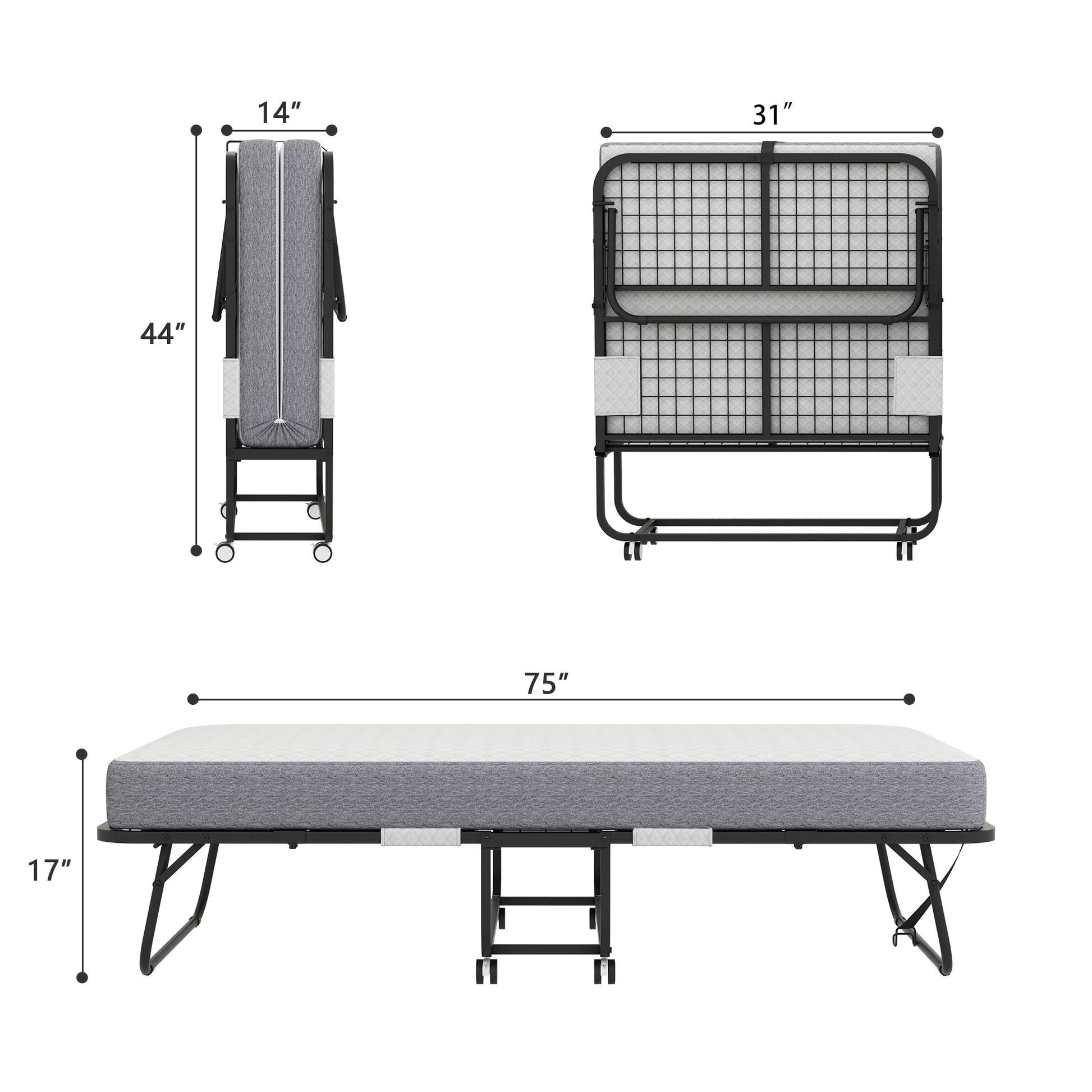 Folding Bed With Mattress 75" X 31" Rollaway Guest Bed Portable Foldable Bed For Adults With 5" Memory Foam Mattress Space Saving Sturdy Metal Frame Twin Black Iron Modern Polyester Iron