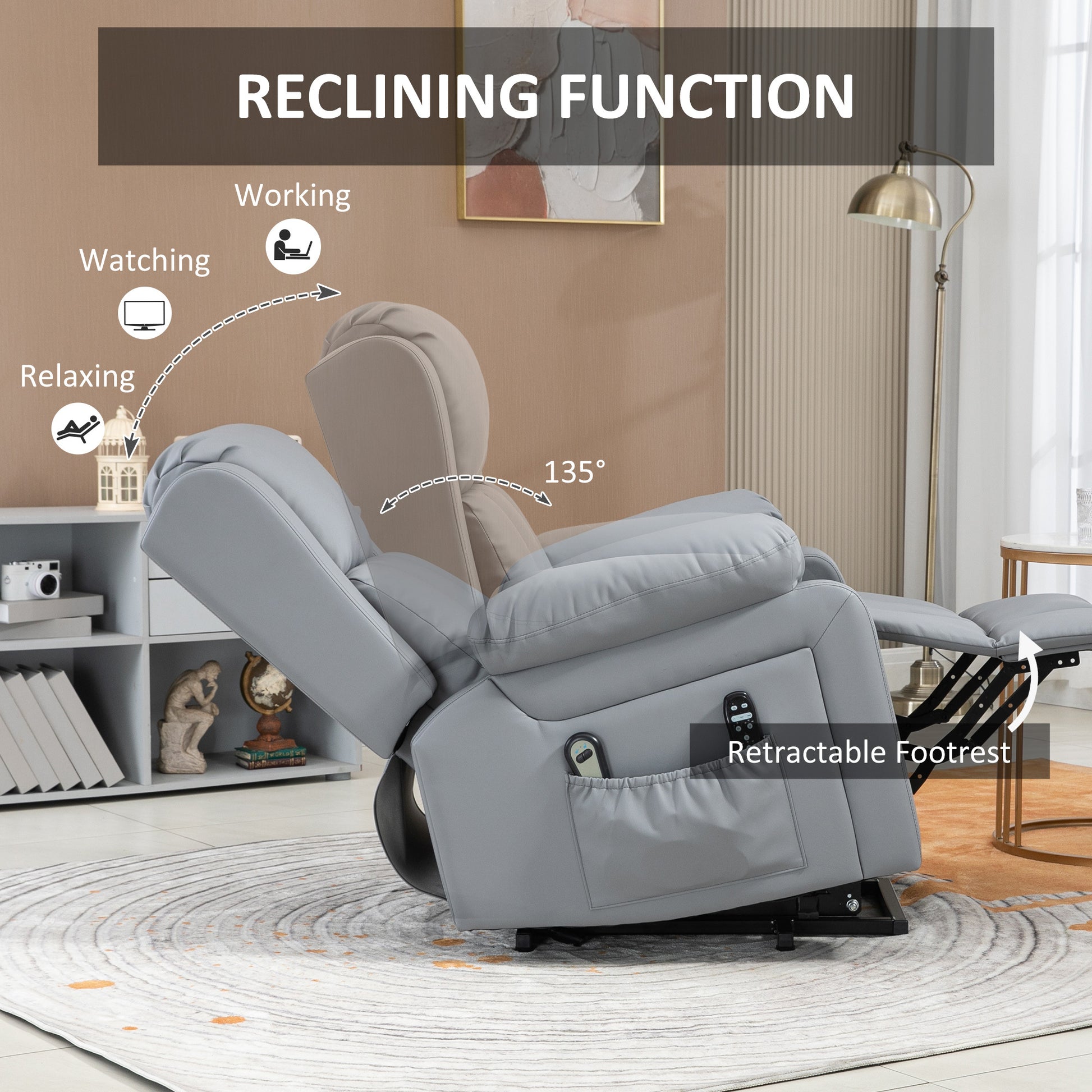 Homcom Electric Power Lift Recliner Chair, Pu Leather Reclining Chair With Vibration Massage, Heated, Remote Control, Side Pockets, For Elderly, Gray Gray Pu Leather