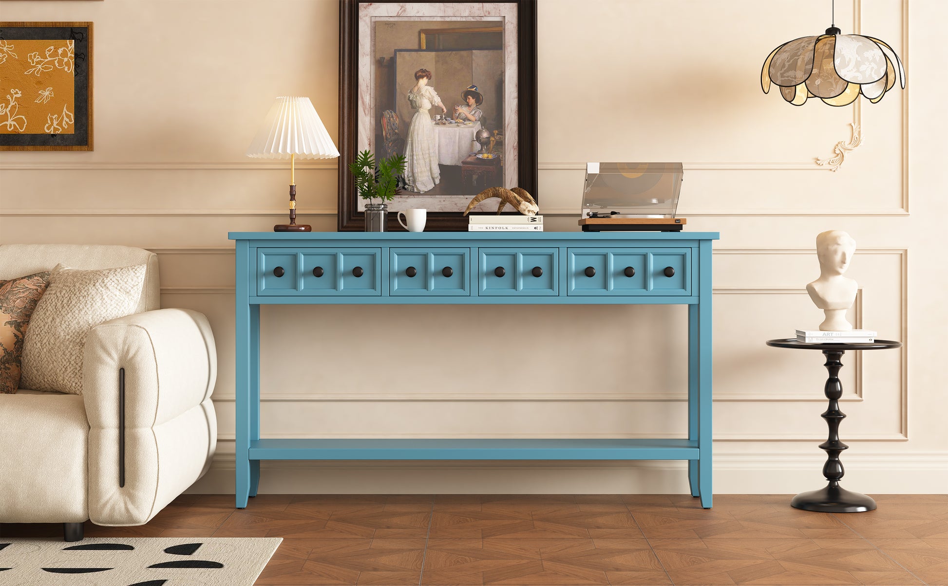 Rustic Entryway Console Table, 60" Long Sofa Table With Two Different Size Drawers And Bottom Shelf For Storage Turquoise Green Turquoise Green Solid Wood