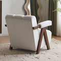 Mid Century Modern Accent Chair With Solid Wood Frame, Upholstered Living Room Chairs With Thick Cushion, Comfy Tufted Arm Chair For Bedroom, Living Room, Velvet, Ivory Ivory White Velvet