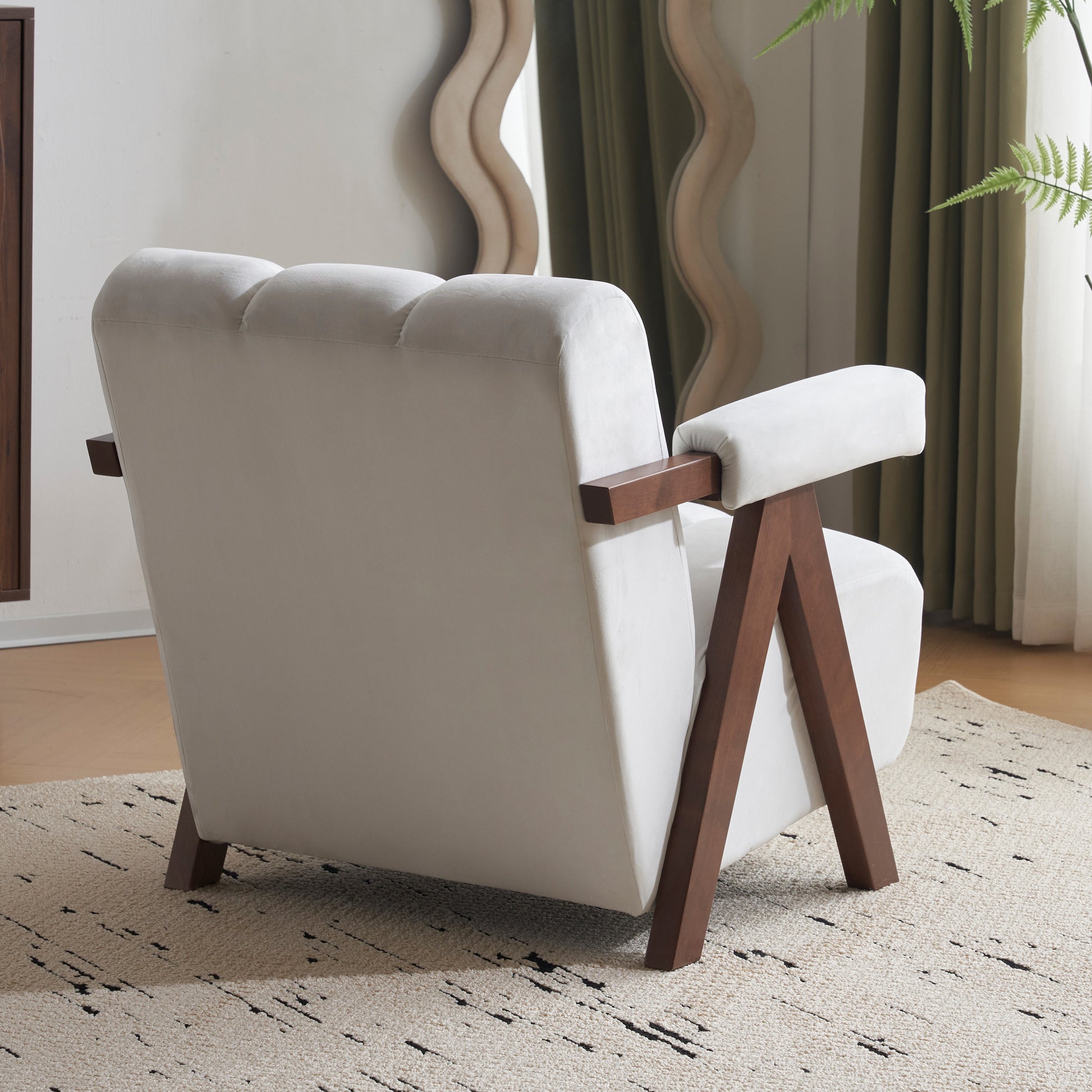 Mid Century Modern Accent Chair With Solid Wood Frame, Upholstered Living Room Chairs With Thick Cushion, Comfy Tufted Arm Chair For Bedroom, Living Room, Velvet, Ivory Ivory White Velvet
