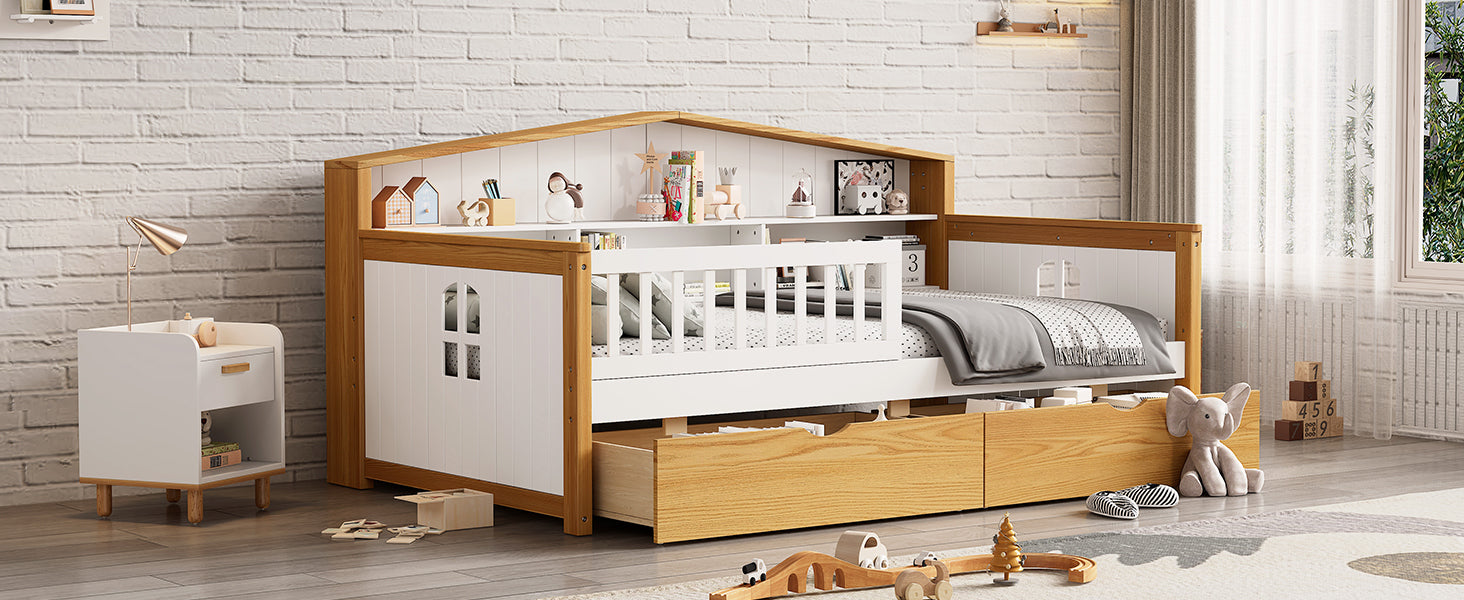 Twin Size House Shape Bed With Two Drawers And Bookcase Headboard Wooden Bed For Girls Boys Teens, No Box Spring Needed, Walnut And White Box Spring Not Required Twin White Walnut Wood Bedroom Cute Pine Bed Frame Wood