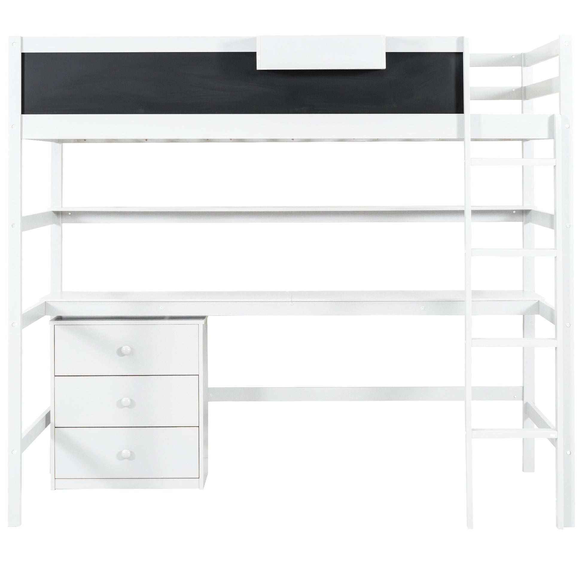 Wood Twin Size Loft Bed With Desk, Blackboard, Storage Box, Shelf And 3 Drawers, White Box Spring Not Required Twin White Wood Solid Wood Mdf