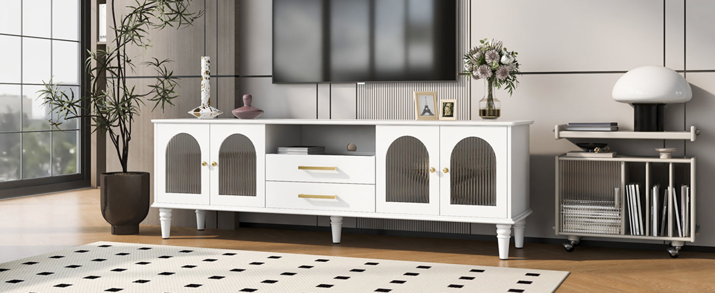 68.9'' Retro Tv Stand For Tvs Up To 75 Inches, Entertainment Center Media Console With Fluted Glass Doors And Five Solid Wood Legs For Living Room White 70 79 Inches Mdf
