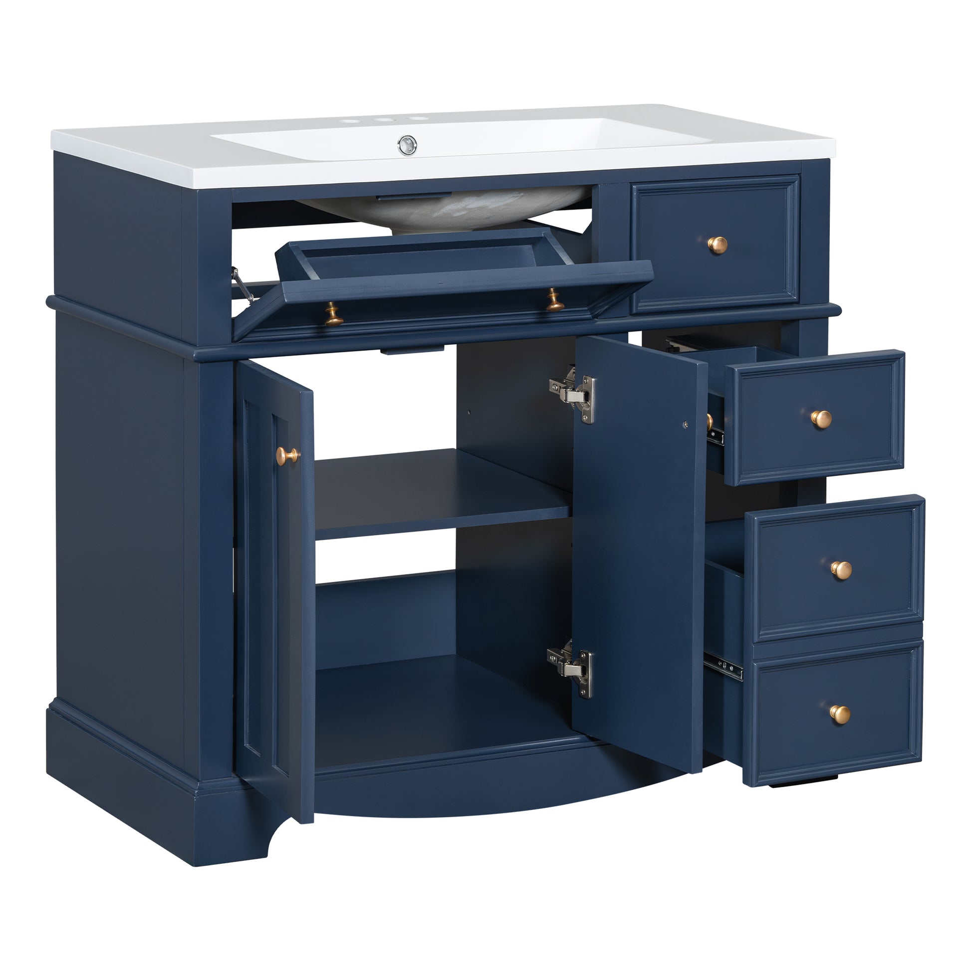 36'' Bathroom Vanity With Resin Sink Combo, Solid Wood Frame Bathroom Storage Cabinet, Freestanding Vanity Set With 3 Drawers& Adjustable Shelf Blue Bathroom Modern Solid Wood Mdf Resin