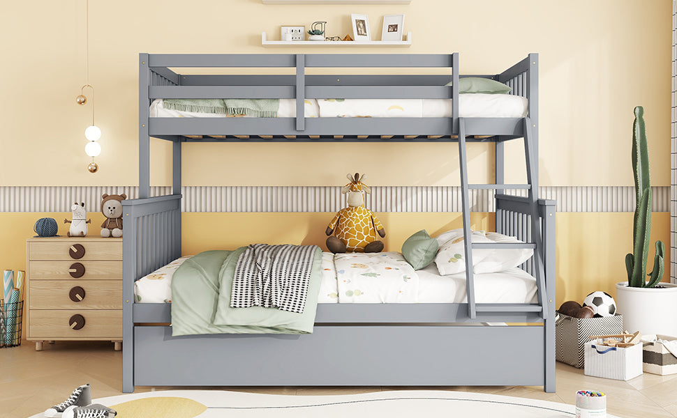 Twin Over Full Rubber Wood Bunk Bed With Trundle, Convertible Ladder And Guardrail, Detachable, Convertible Bed, With Twin Size Trundle ,Grey Twin Grey Rubber Wood