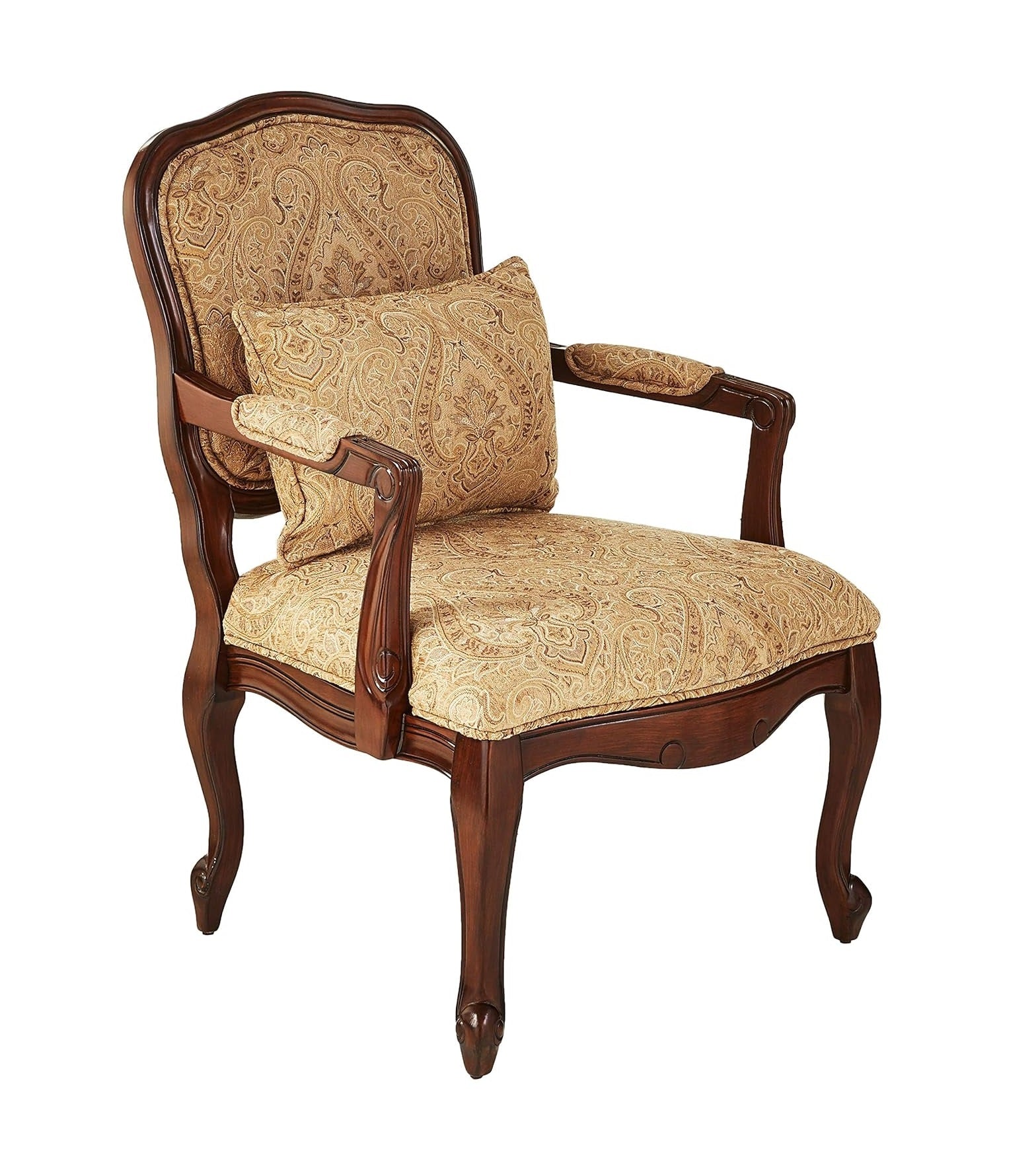 Queen Anne Style Legs Traditional Accent Chair W Pillow Beige Fabric Dark Cherry Solid Wood Padded Seat 1Pc Arm Chair Beige,Cherry Primary Living Space Antique,Contemporary,Traditional Fabric,Solid Wood