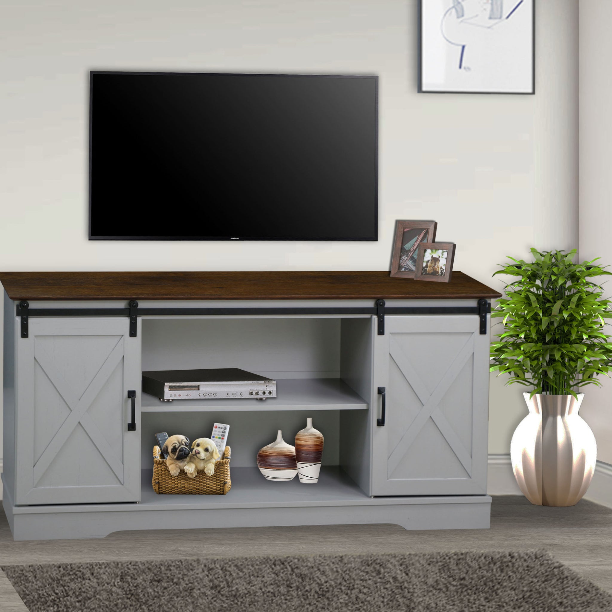 "56"" Tv Stand With 2 Barndoor" "Farmhouse Style Media Console With Barn Door Sliders Cape Code Gray And Rosewood Grain Finish, Multipurpose Entertainment Center" Multicolor 50 59 Inches Solid Wood