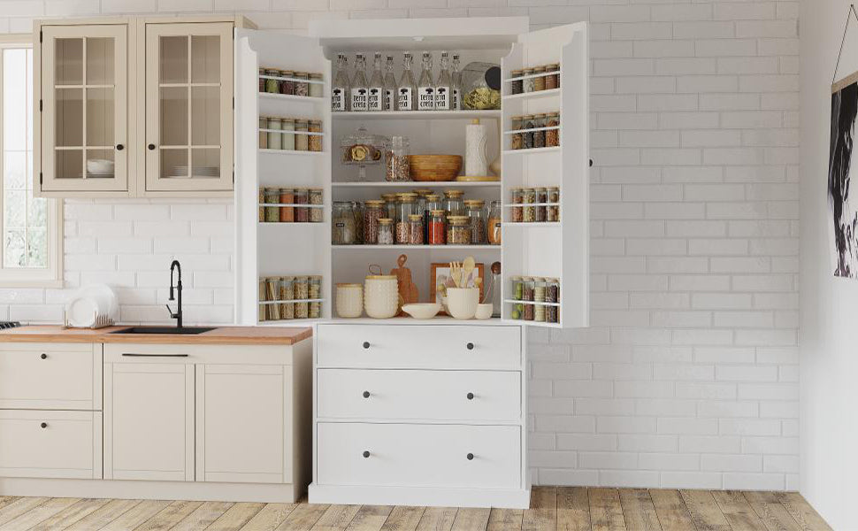 Assembly 77Inch Farmhouse Kitchen Pantry, Freestanding Tall Cupboard Storage Cabinet With 3 Adjustable Shelves, 8 Door Shelves, 3 Drawers For Kitchen, Dining Room, White White Kitchen Farmhouse