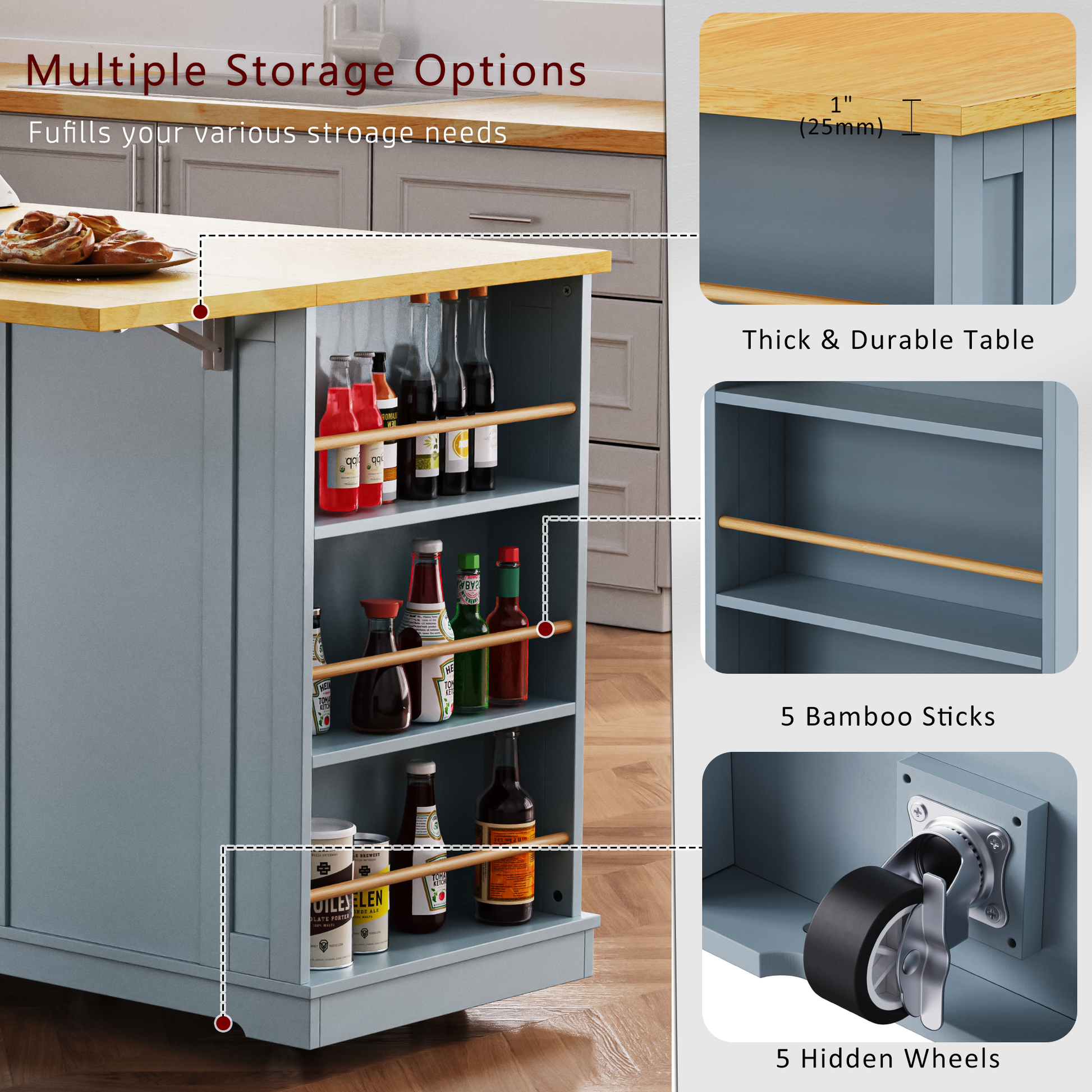 K&K 53Inch Large Kitchen Island With 2 Bar Stools, Power Outlet,Door Internal Storage Rack,Kitchen Storage Cart On 5 Wheels With Drop Leaf,5 Open Side Racks,3 Drawers For Kitchen,Dining Room,Grey Blue Grey Blue Gray Kitchen