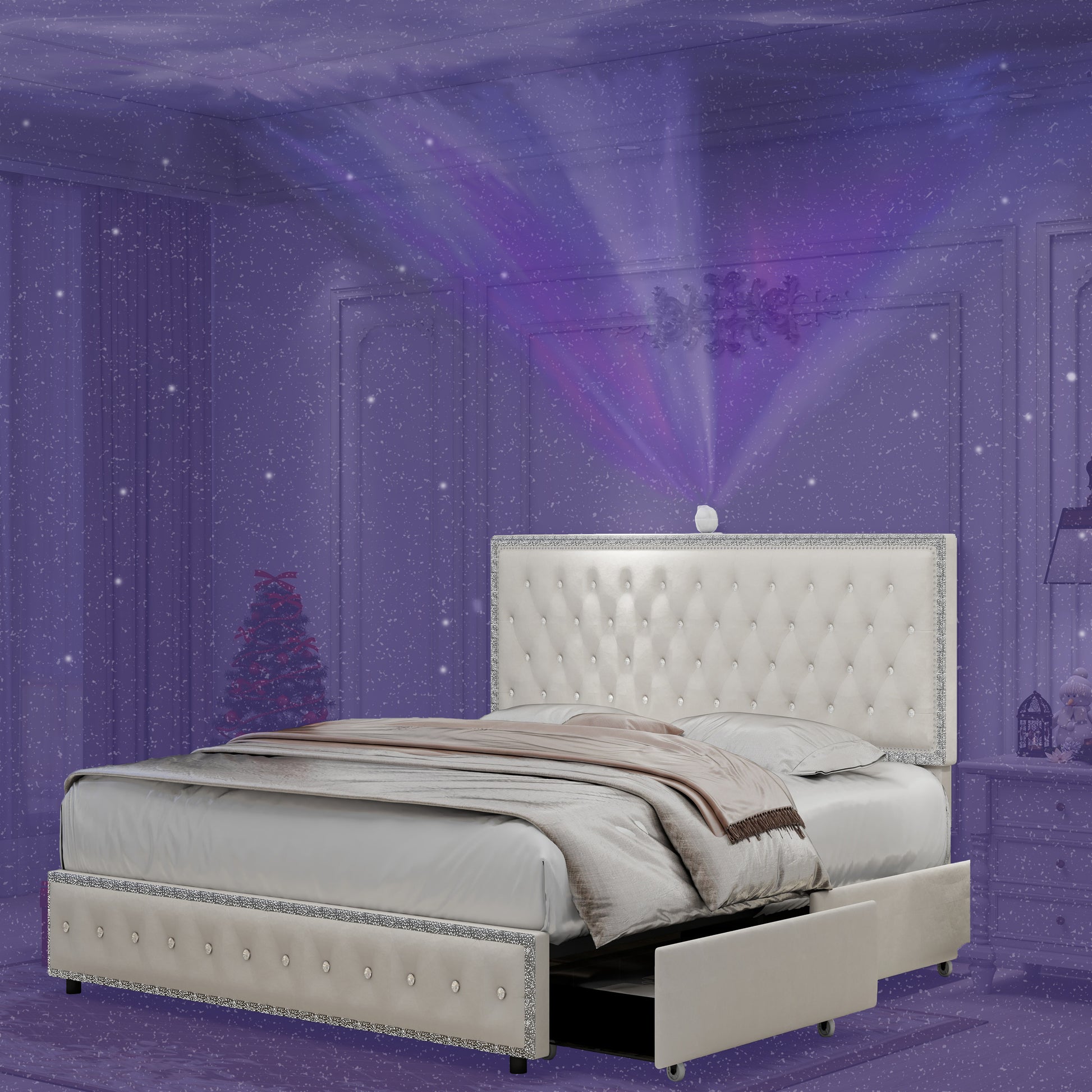 Queen Size Bed Frame With 4 Drawers, Star Galaxy Projector, Usb Charger, Music Speaker, Adjustable Upholstered Headboard With Diamond Button,Velvet Cream Mdf Metal