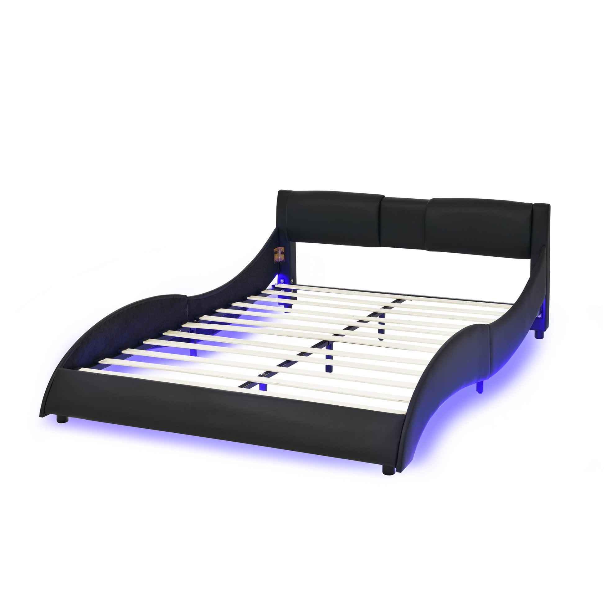 Queen Led Bed Frame Modern Faux Leather Upholstered Platform Bed Frame With Rgb Led Lights And Headboard Wave Like Curve Low Profile Bed Frame,Wood Slats Support,Easy Assembly, Black Queen Black Pu