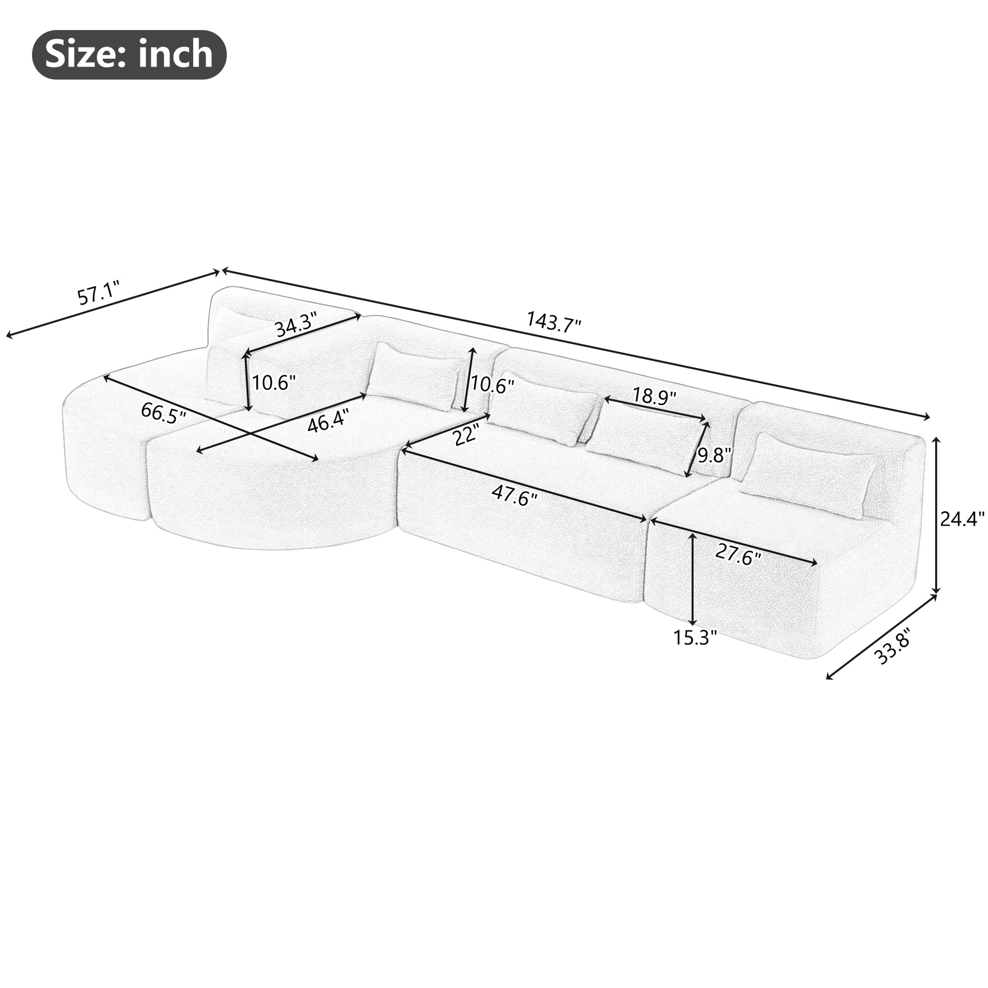 143.7" Upholstered Sofa Free Combined Sofa Couch With Two Chaise Lounge And Five Back Pillows For Living Room, Light Gray Light Gray Foam Polyester 5 Seat