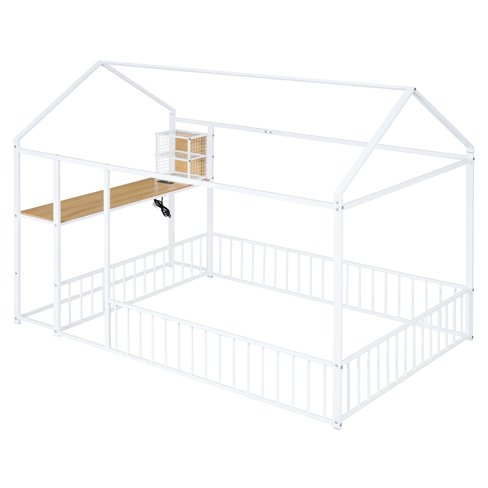 Full Size Metal Bed House Bed Frame With Desk, Shelves, Power Outlets And Usb Ports, White Full White Metal
