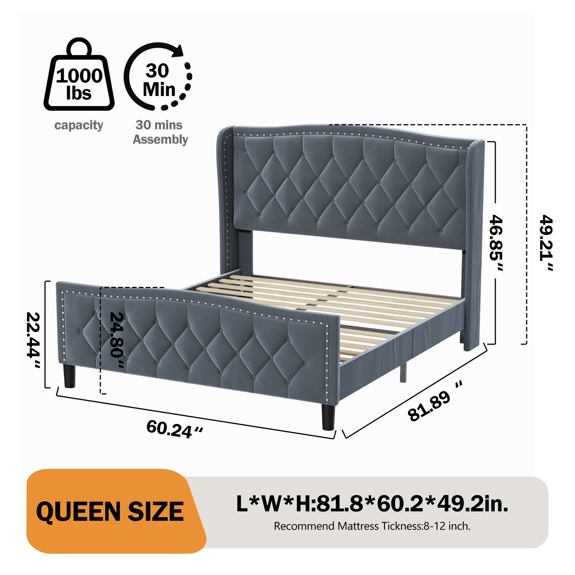 Queen Size Bed Frame, Modern Upholstered Platform Bed With Wingback Headboard, Velvet Bed Frame With Wood Slat Support, Easy Assembly, No Box Spring Needed Gray, Queen Queen Gray Iron