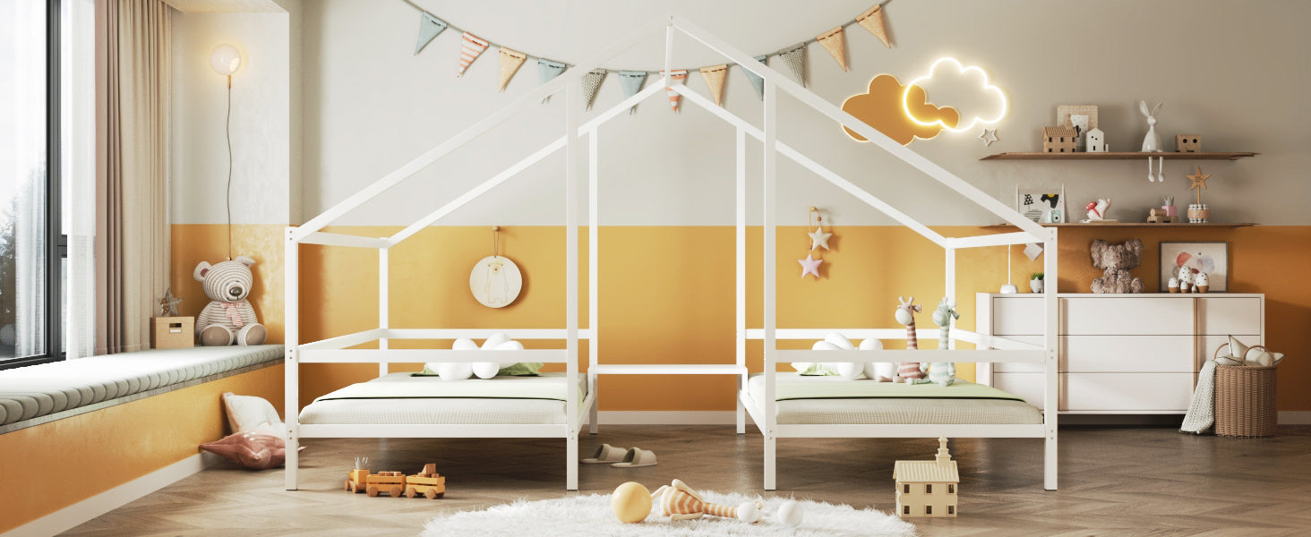 Metal Double Twin Size Triangular House Beds With Built In Table, White Box Spring Not Required Twin White Metal Metal