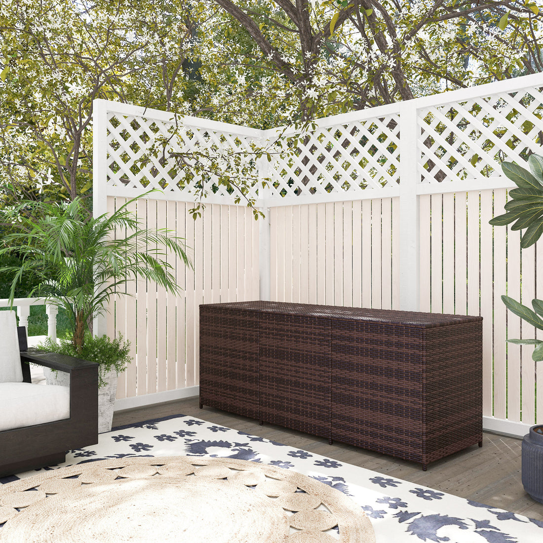 Outsunny 175 Gallon Outdoor Storage Box With Inner Liner, Pe Rattan Wicker Deck Box With Pneumatic Bar Lift For Indoor & Outdoor, Patio Furniture Cushions, Pool Toys, Garden Tools, Mixed Brown Brown Steel