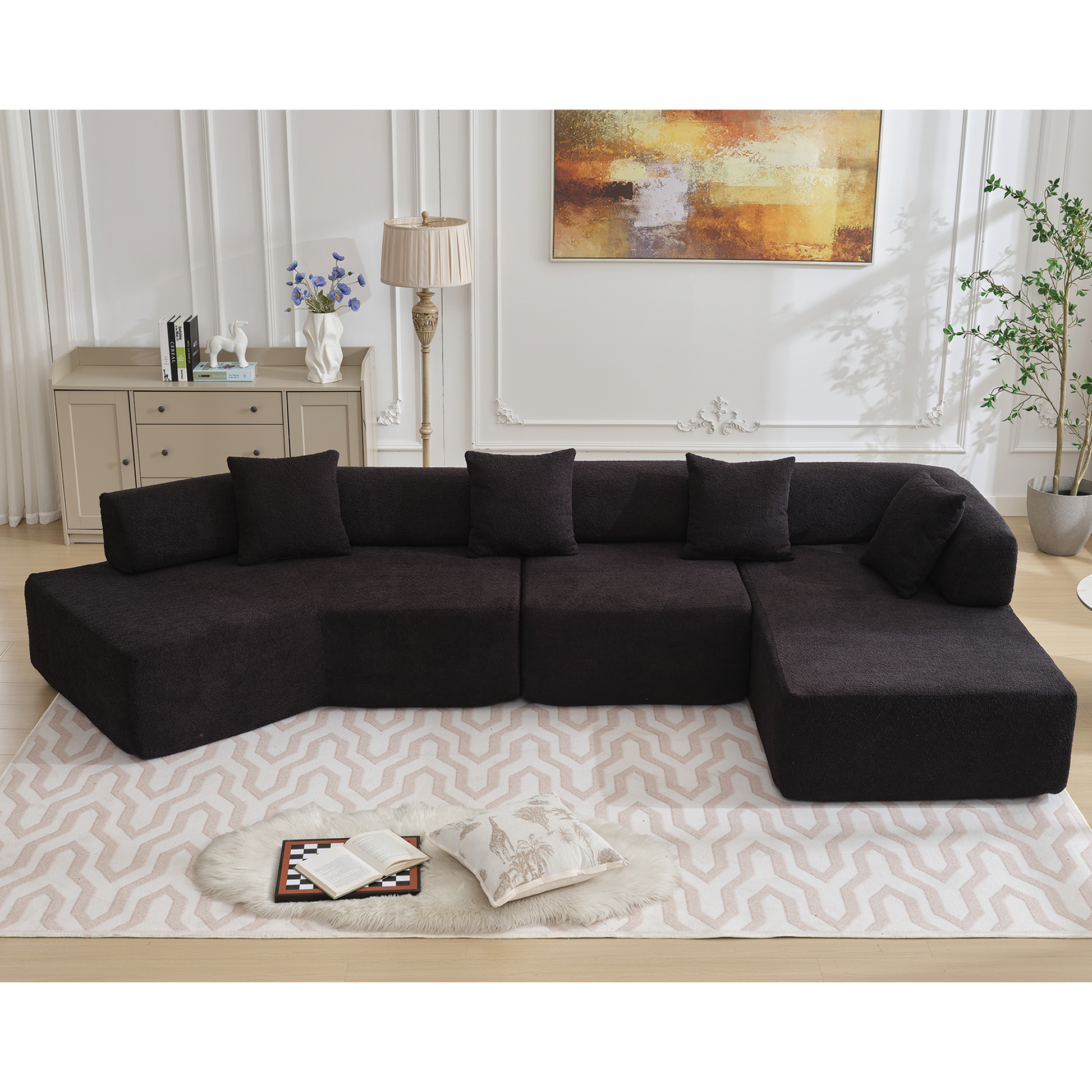 Arrived Modern Minimalist 140" L Shape Couch ,No Assembly Required,Boucle,Modular Sofa ,Couch With Chaise,Free Combination Foam Filled Sofa, 4 Seats,Black Black Polyester Primary Living Space Soft Modern Foam Polyester 4 Seat