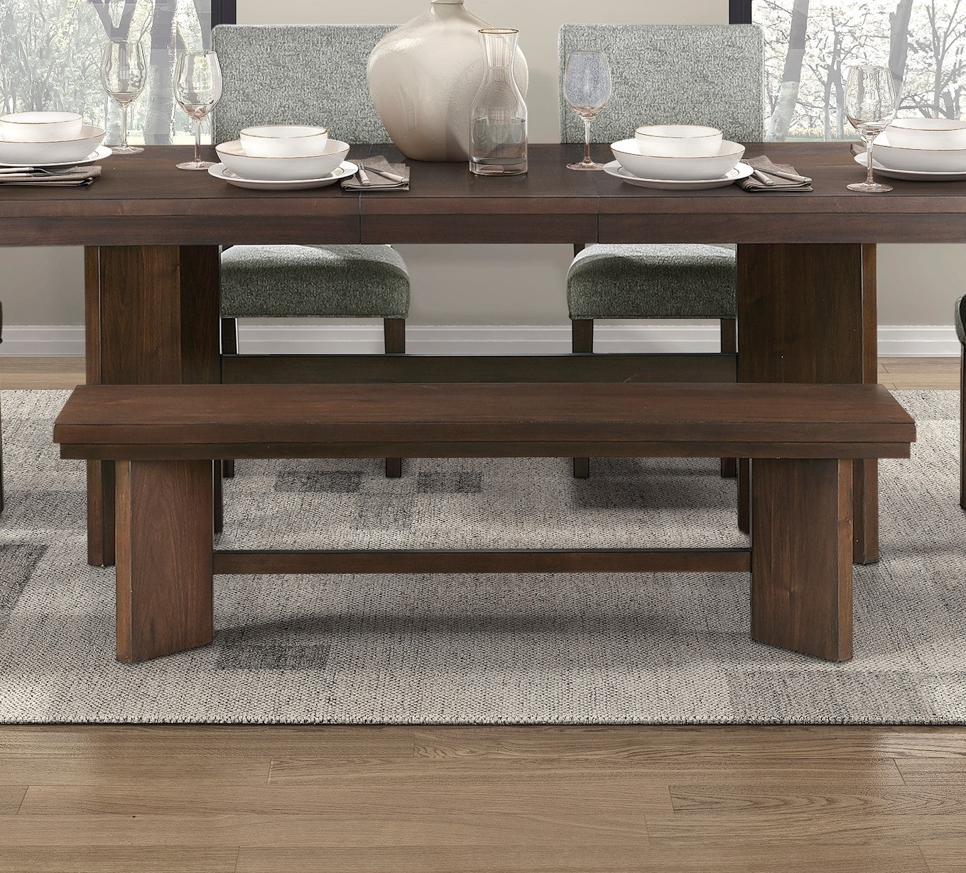 Walnut Finish Modern Dining Set 6Pc Table With Self Storing Extension Leaf Bench 4X Chairs Upholstered Wooden Furniture Wood Wood Walnut Seats 6 Wood Dining Room Self Storing Leaf Extendable Trestle