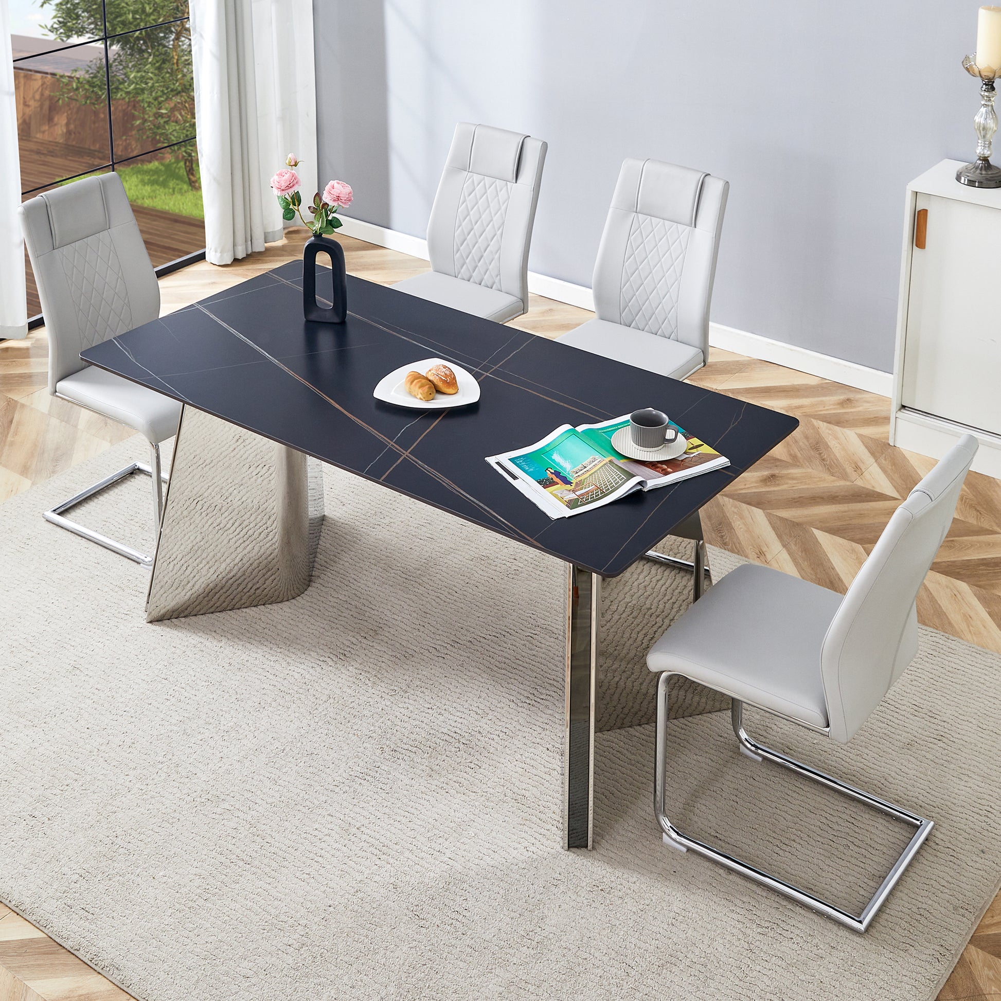 Table And Chair Set.63"X31.5X30" Black Marble Patterned Slabs Tabletop With Stainless Steel Butterfly Legs.Paried With 4 Light Gray High Quality Pu Chairs With Silver Metal Legs. Light Gray,Silver