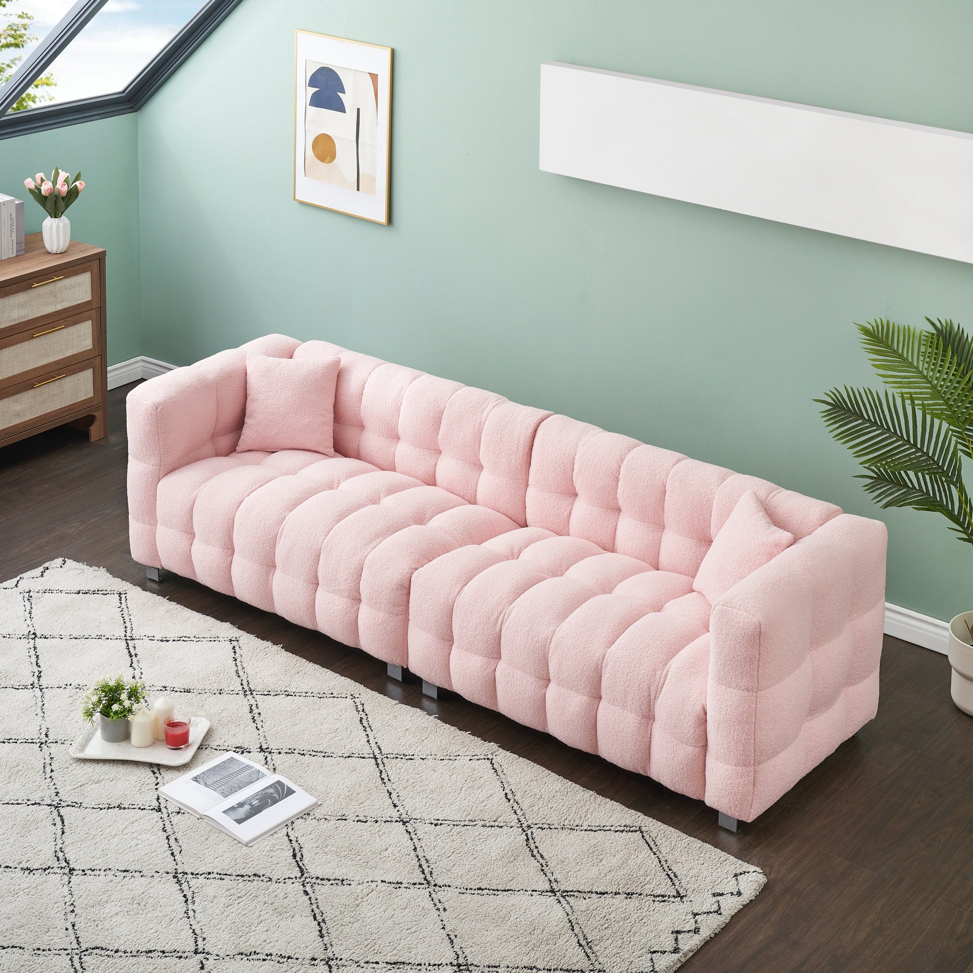 102 Inch Pink Teddy Fleece Sofa With Two Throw Pillows In Living Room Bedroom Apartment Sofa Supported By Hardware Feet Pink Polyester Blend 4 Seat