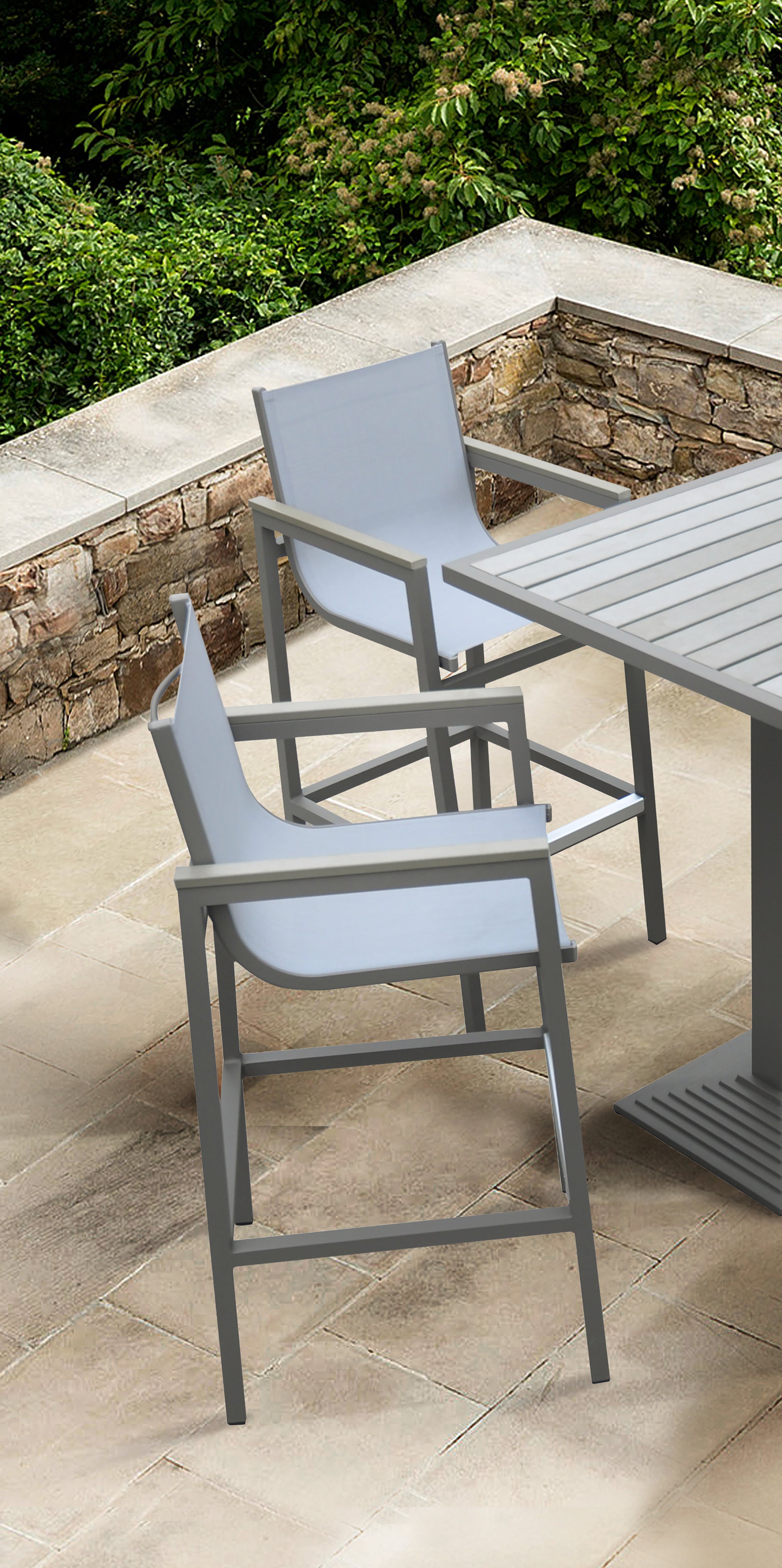 Marina Outdoor Patio Barstool In Gray Powder Coated Finish With Gray Sling Textilene And Gray Wood Accent Arms Gray Textilene Aluminium