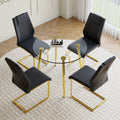 A Modern Minimalist Style Round Transparent Tempered Glass Table With Gold Metal Legs, Paired With 4 Modern Pu Leather High Back Dining Chairs,Bringing A Luxurious Experience. Black Seats 4 Glass Metal