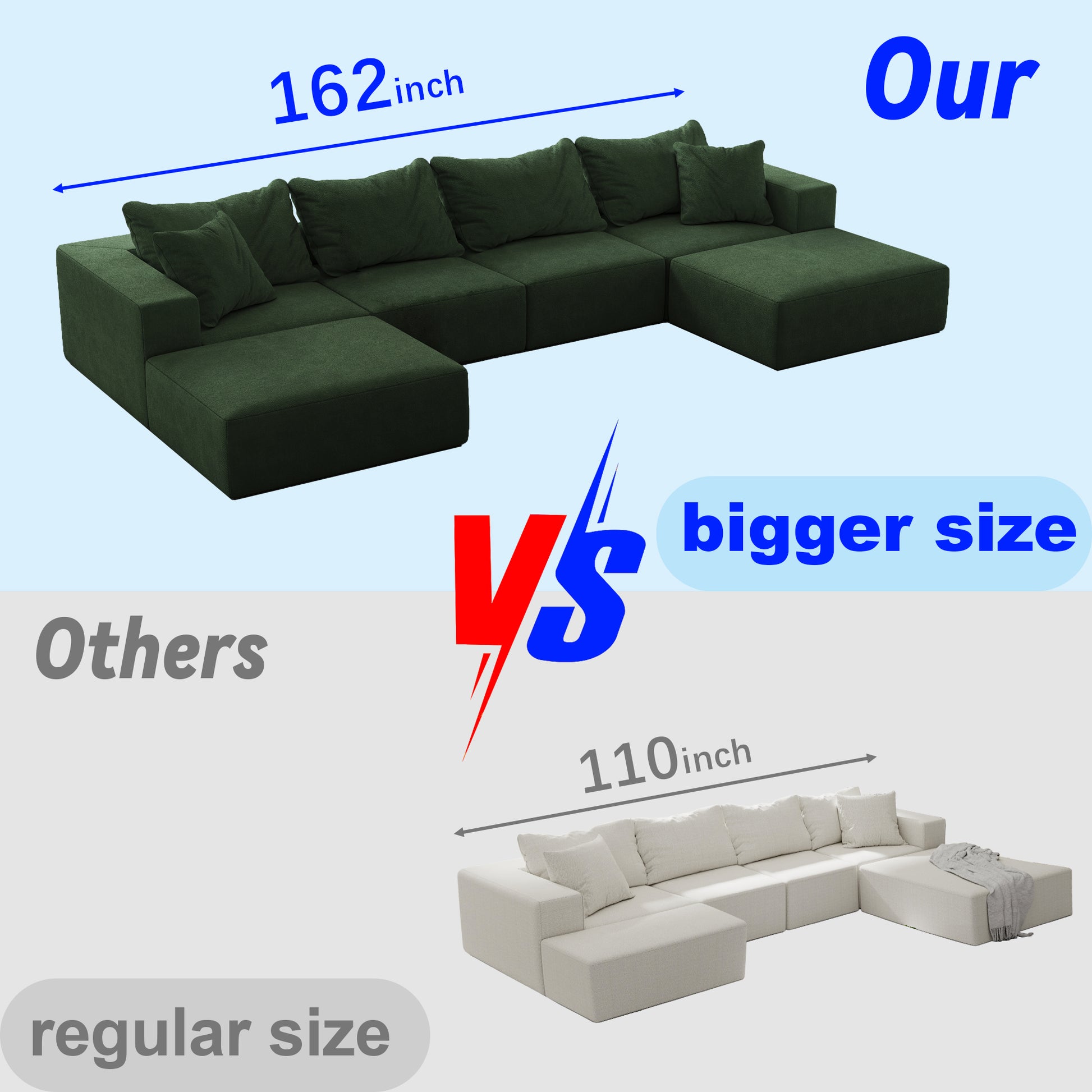 Oversized Sponge Cloud Sofa,Modern Upholstered Sectional Sofa Couch Set,Modular 162" L Shaped Sectional Living Room Sofa Set With 6 Pillows,Free Combination Sofa Couch For Living Room,Bedroom Green Foam Chenille 6 Seat