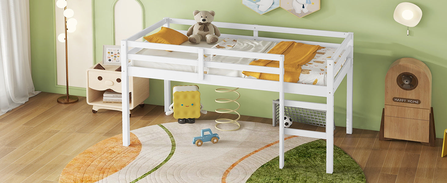 Solid Wooden, Rubber Wooden Twin Loft Bed With Ladder, Bed Platform Of Strengthened Slatswhite Twin White Rubber Wood