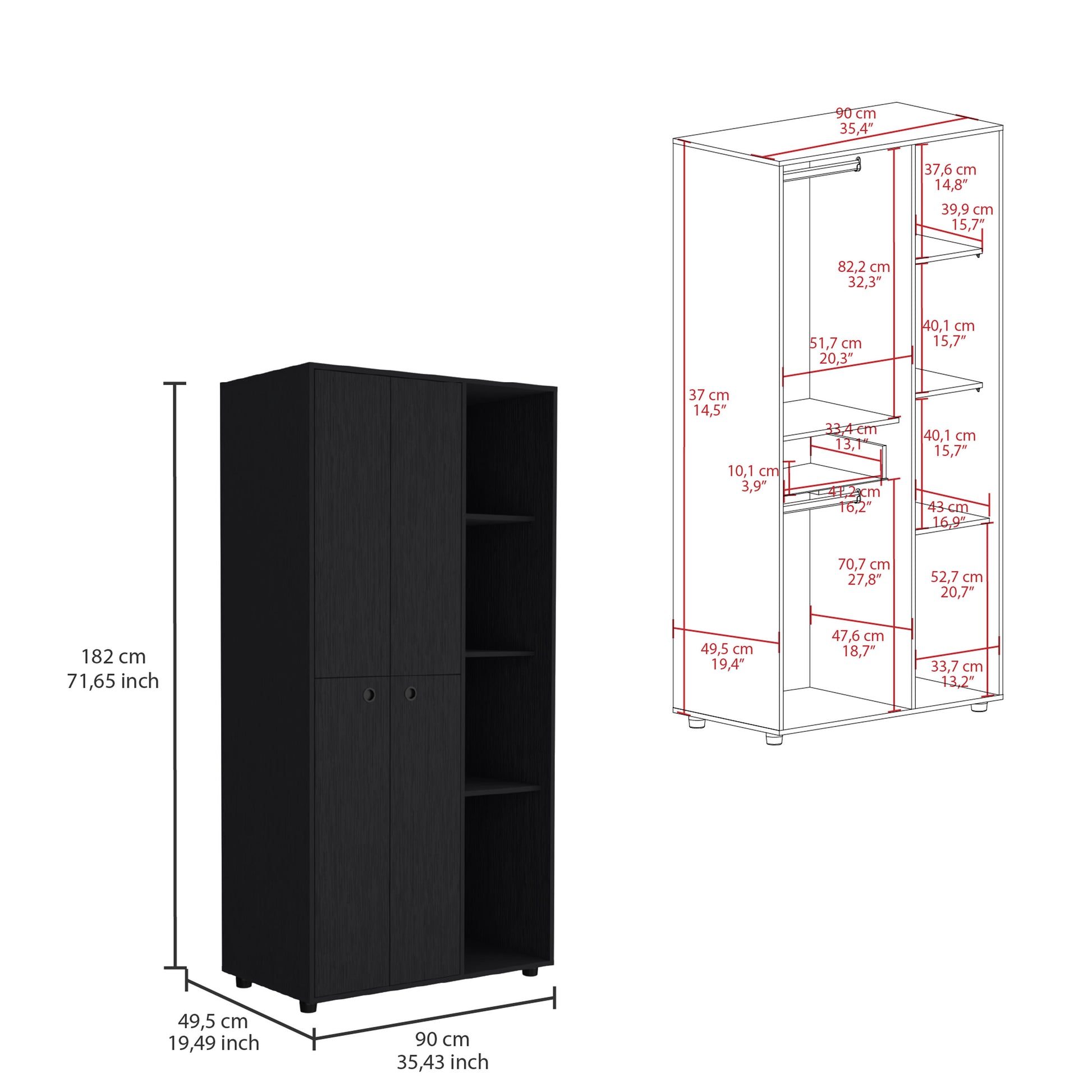 Misuri Wardrobe Armoire With Double Door, Drawer, Hanging Rodss, And Open Shelves Black Black Particle Board