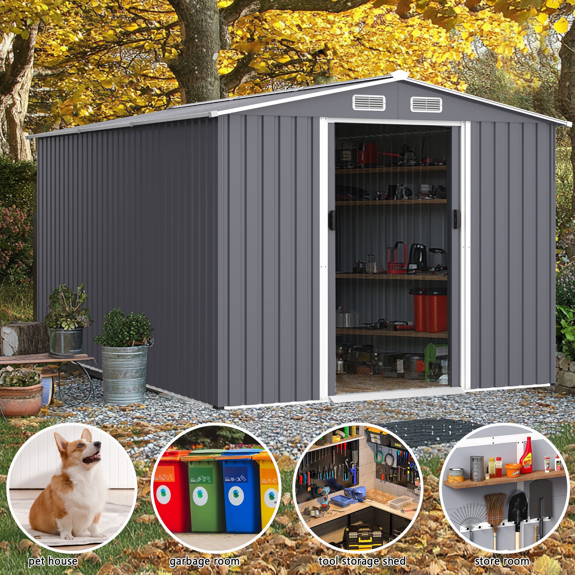 Outdoor Storage Shed 8 X 12 Ft Large Metal Tool Sheds, Heavy Duty Storage House With Sliding Doors With Air Vent For Backyard Patio Lawn To Store Bikes, Tools, Lawnmowers Grey Grey Rectangular No