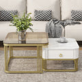 Nesting Coffee Table With Drawer, Set Of 2, Exquisite Square Stacking Coffee Tables With Brown Tempered Glass, Side Table With High Gloss Marble Grain Tabletop For Living Room, White White Gold Primary Living Space Drawers Square Mdf Steel
