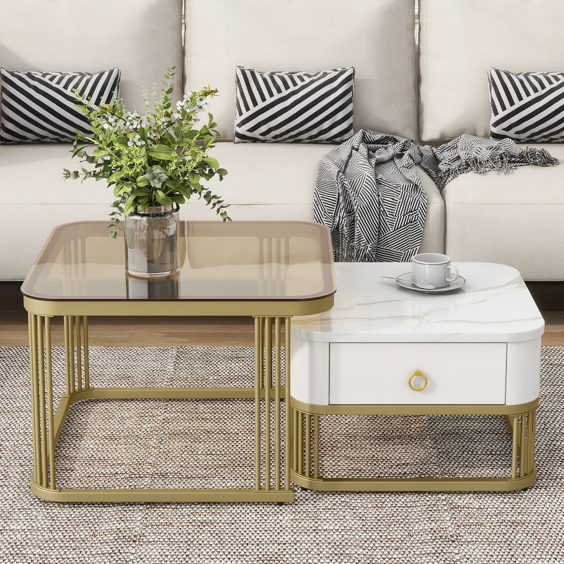Nesting Coffee Table With Drawer, Set Of 2, Exquisite Square Stacking Coffee Tables With Brown Tempered Glass, Side Table With High Gloss Marble Grain Tabletop For Living Room, White White Gold Primary Living Space Drawers Square Mdf Steel