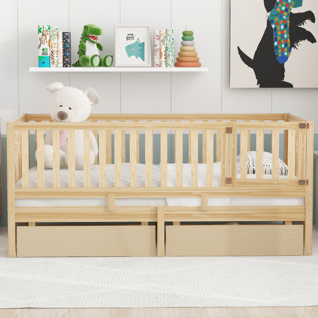 Twin Size Wood Daybed With Fence Guardrails And 2 Drawers, Split Into Independent Floor Bed & Daybed, Natural Old Sku :Lp000881Aan Twin Natural Solid Wood Mdf