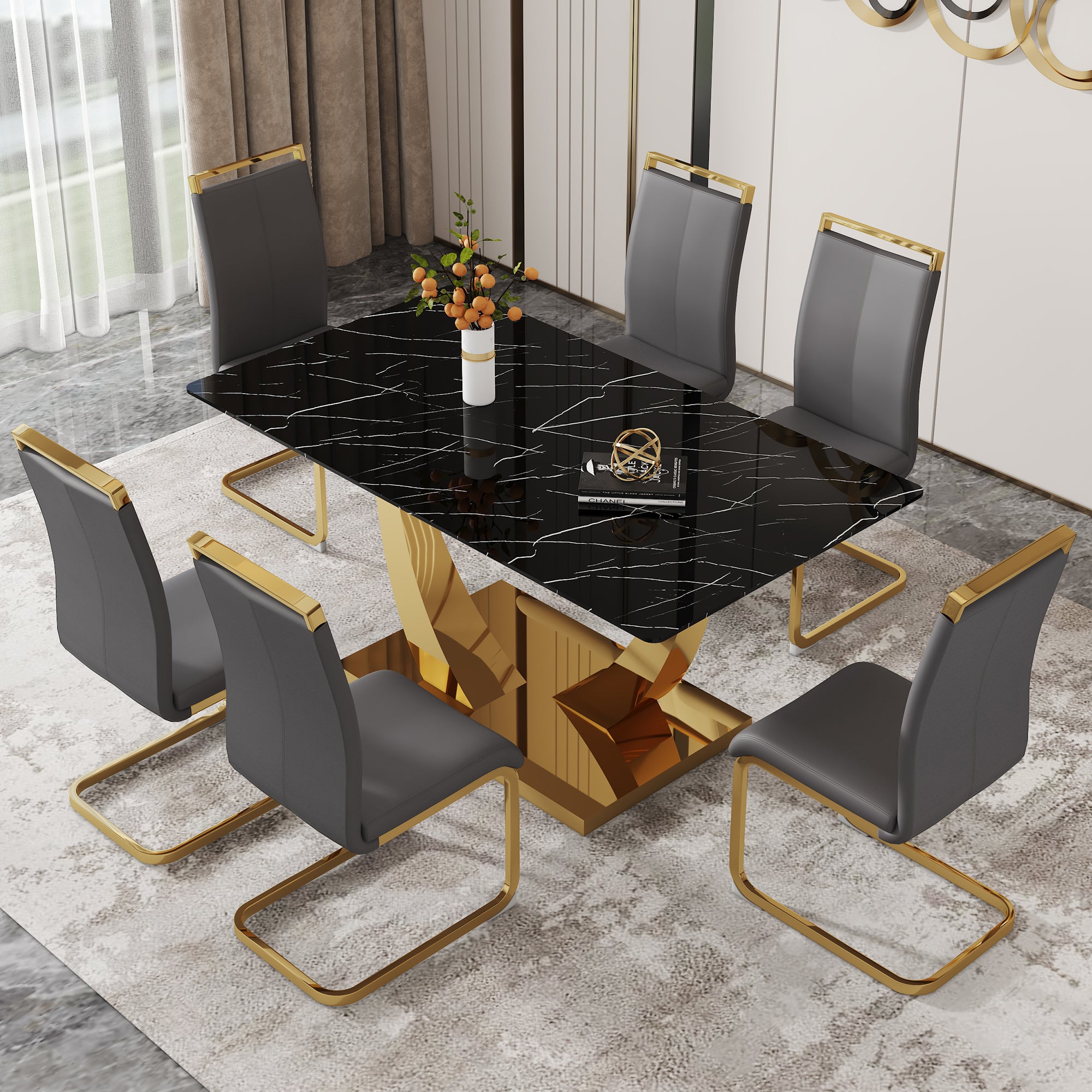 Table And Chair Set.Modern Rectangular Dining Table With Black Textured Stickers Glass Tabletop And Gold Plated Metal Legs.Paried With 6 Comfortable Chairs With Pu Seats And Golden Metal Legs. Dark Gray,Gold Seats 6 Glass Metal