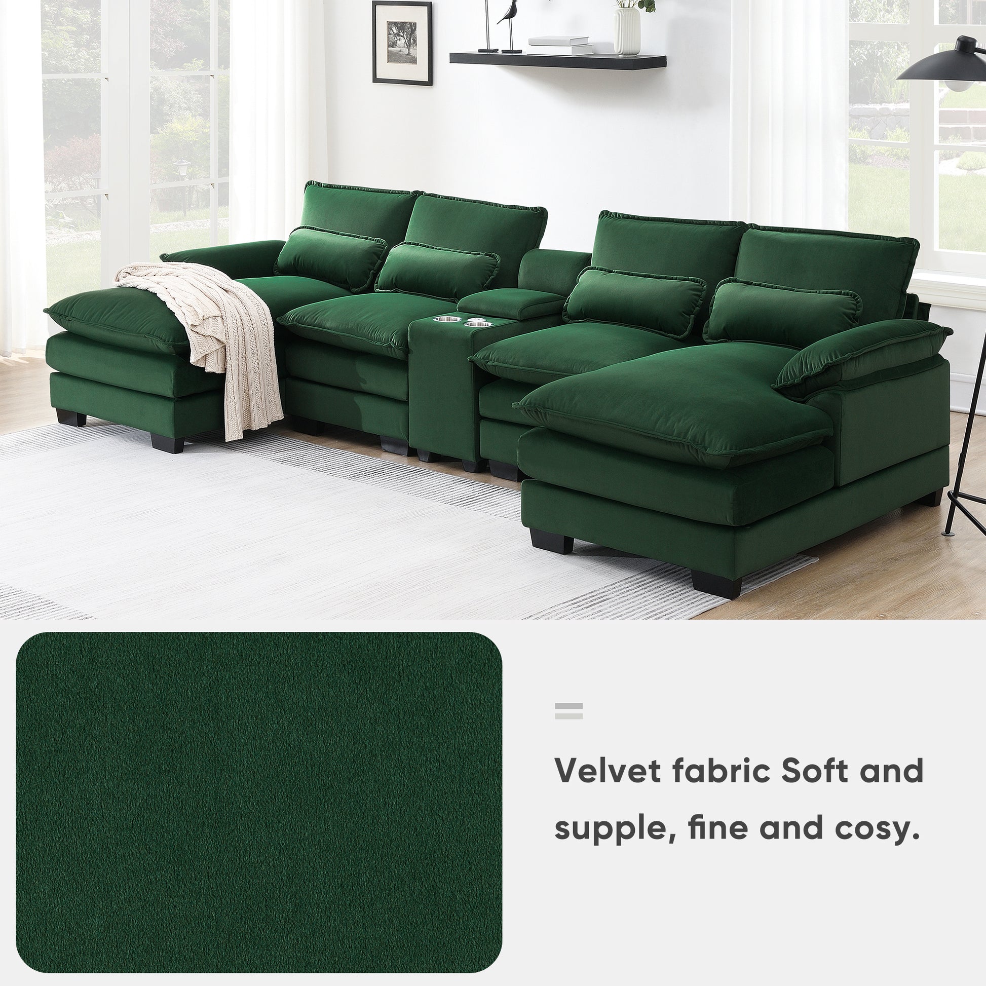 123*55" Modern U Shaped Sofa With Console,Cupholders And Usb Ports,6 Seat Upholstered Symmetrical Indoor Furniture,Sleeper Couch Set With Chaise For Living Room,Apartment,5 Colors Green Velvet 6 Seat