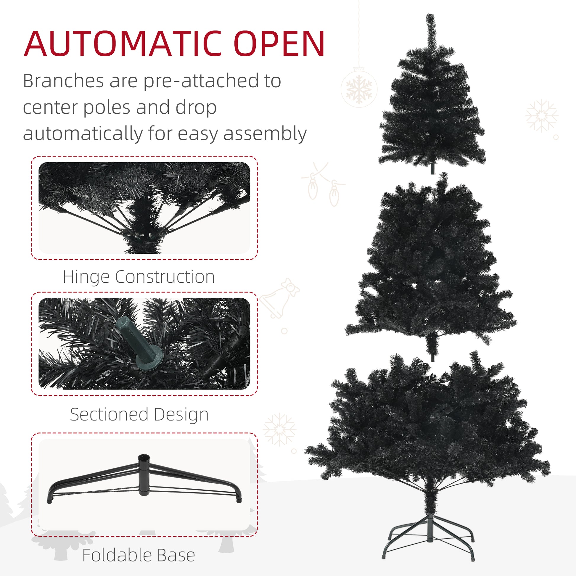 Homcom 9Ft Tall Artificial Christmas Tree, Unlit Xmas Tree With 2132 Branch Tips, Auto Open, Steel Base, Holiday D Cor For Home Office, Black Black Steel