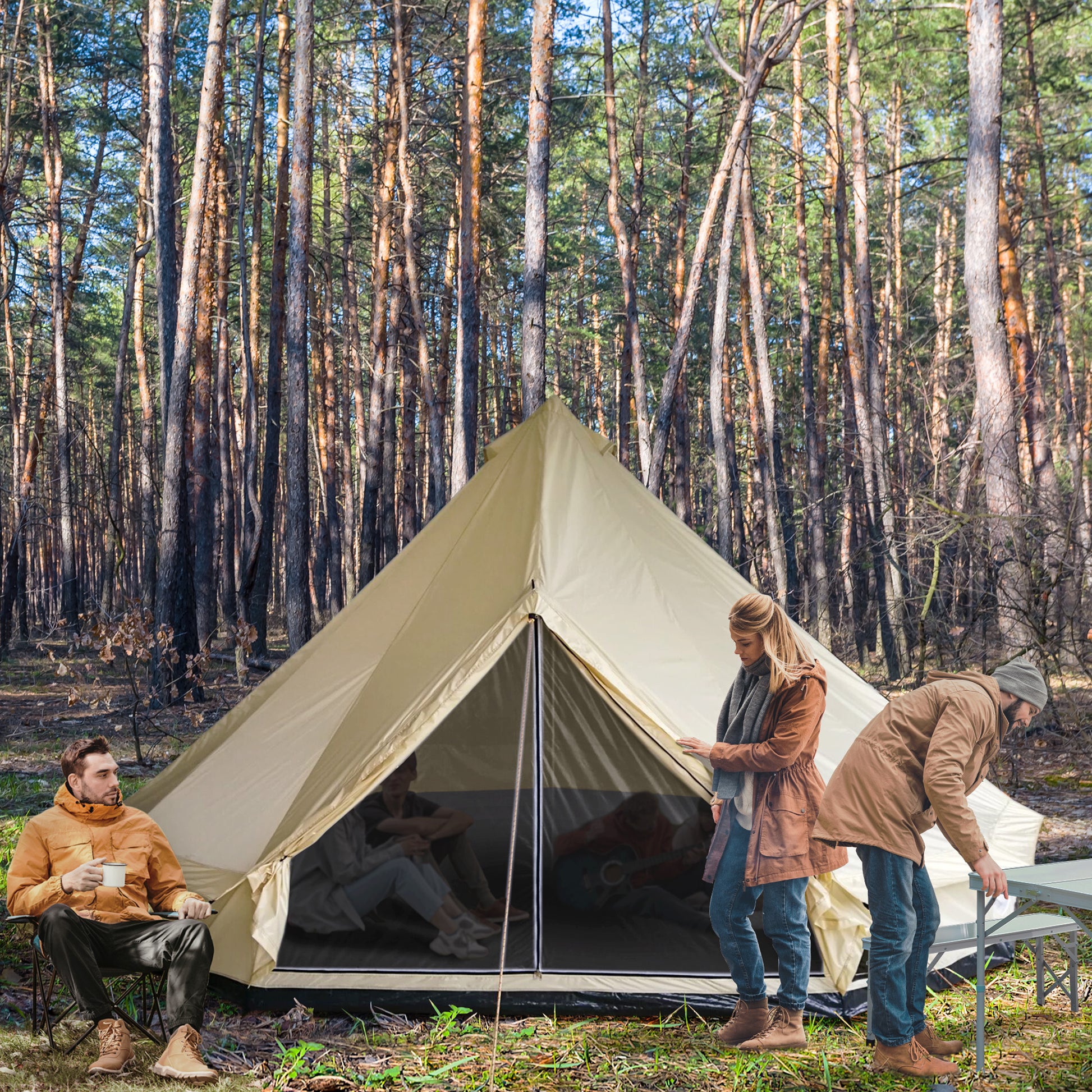 Outsunny 10 Person Yurt Tent Glamping Bell Tent With Spacious Interior,Waterproof Design, For Family Outdoor Camping, 16' X 16' X 10' Beige Polyester