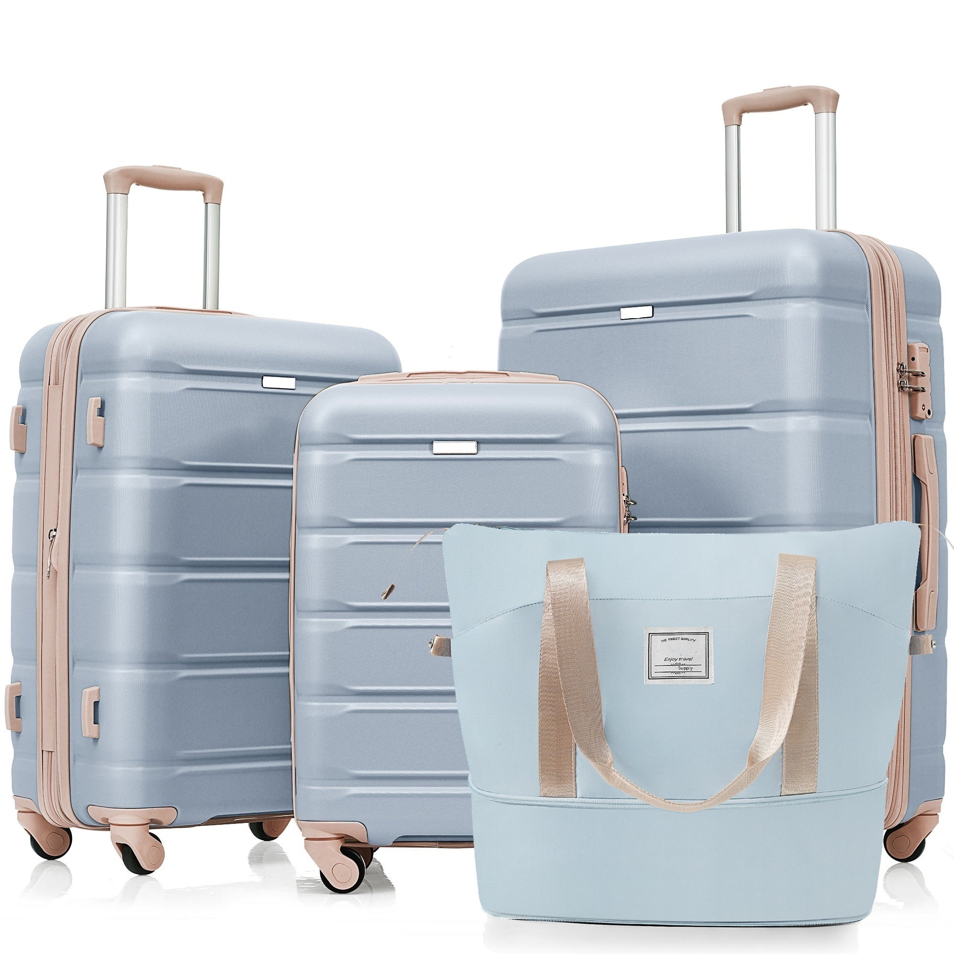 Luggage Sets 4 Piece, 20 Inch With Usb Port, Expandable Abs Durable Suitcase With Travel Bag, Cup Holder, Abs Hard Shell Luggage With Spinner Wheels, Light Blue And Golden Light Blue Abs