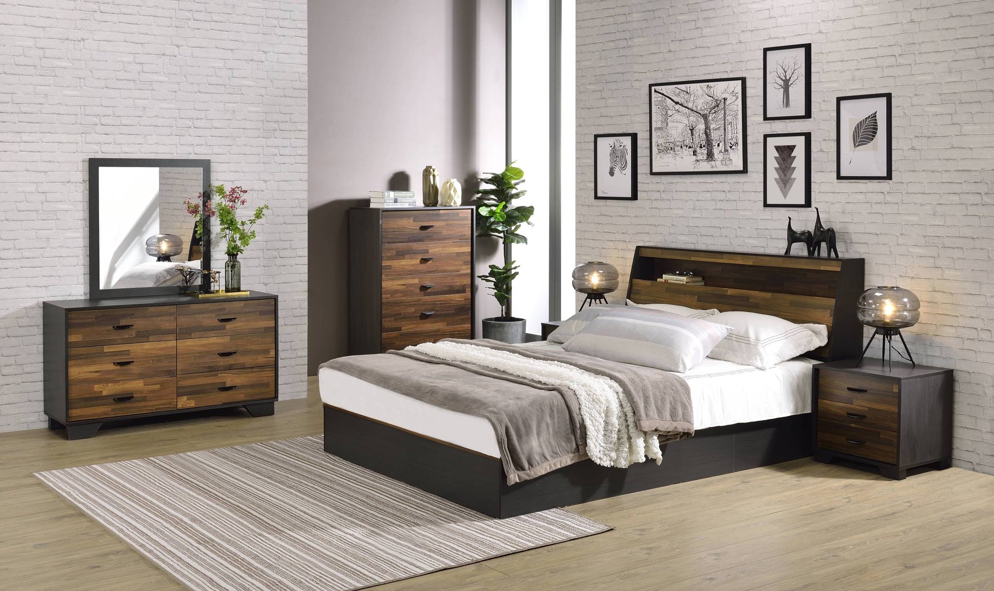 Walnut And Black 6 Drawer Dresser Walnut Black Bedroom Modern Particle Board
