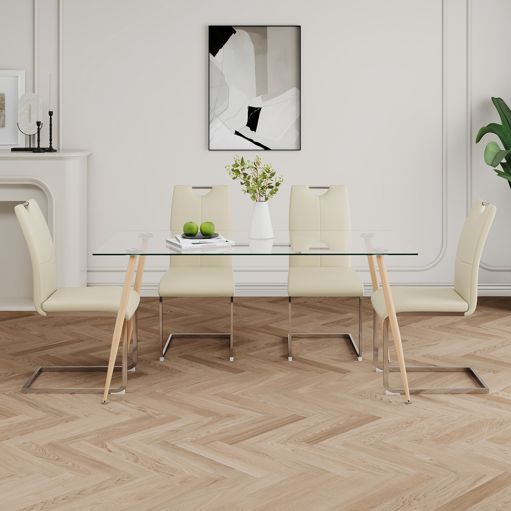 Modern Simple Rectangular Glass Dining Table, Solid Tempered Glass Countertop, Wood Transfer Metal Table Legs, Light Yellow Pu Dining Chair Set, Suitable For Restaurant Kitchen Use Set Of 5 Upholstered Chair Glass Light Yellow Seats 4 Metal Rectangular
