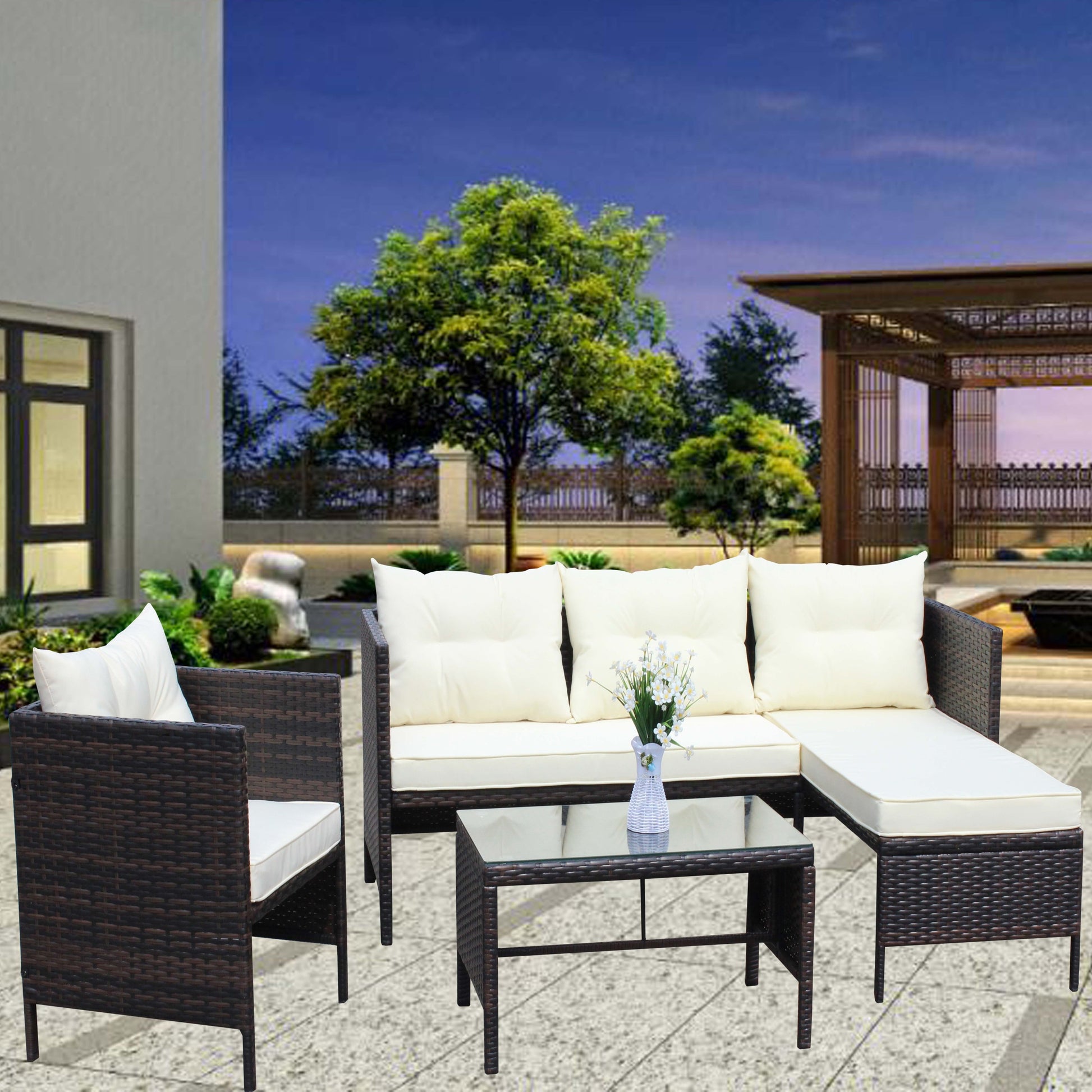 Outdoor Patio Furniture Sets 4 Piece Conversation Set Wicker Ratten Sectional Sofa With Seat Cushions Beige Cushion Brown Pe Rattan Iron