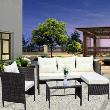 Outdoor Patio Furniture Sets 4 Piece Conversation Set Wicker Ratten Sectional Sofa With Seat Cushions Beige Cushion Brown Pe Rattan Iron