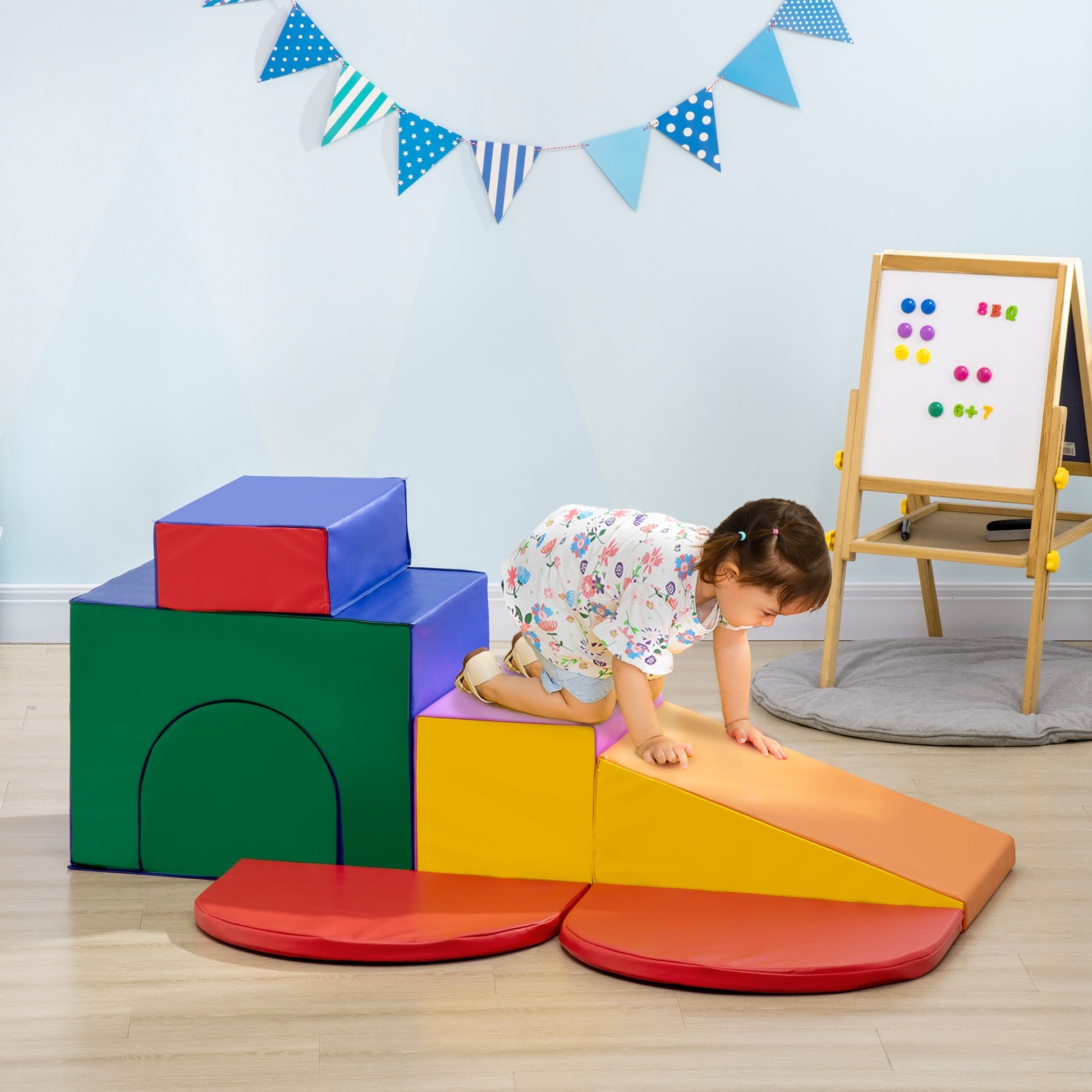Qaba 7 Piece Baby Soft Play Equipment, Toddler Climber For Creativity And Shape Discovery, With Easy To Clean Surface, Climbing Toy For Toddlers, Multicolored Multicolor Pu