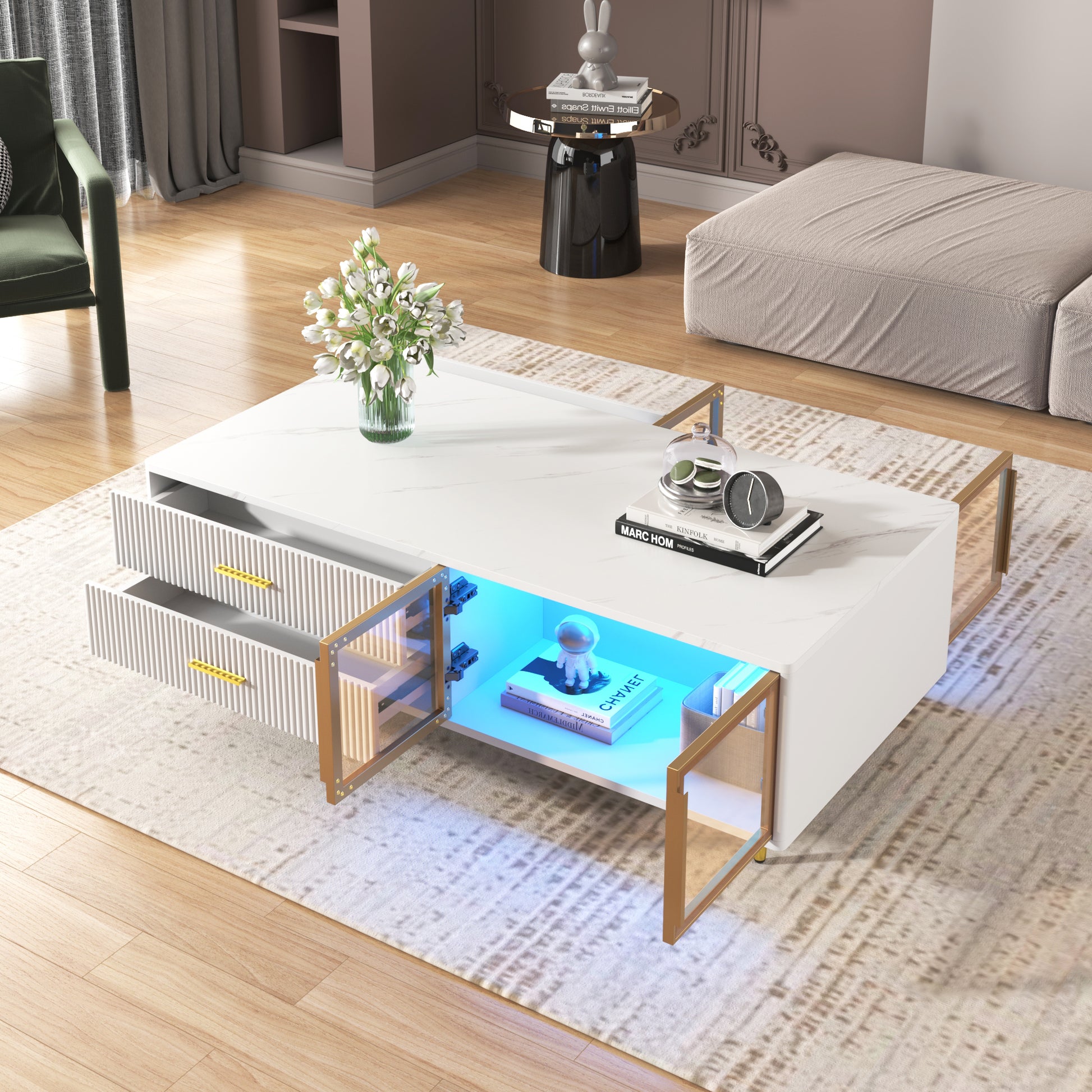 Modern White Coffee Table With 2 Glass Door Storage, 4 Drawers, Gold Metal Legs, And Multi Color Lighting In 47.2'' White Drawers Mdf